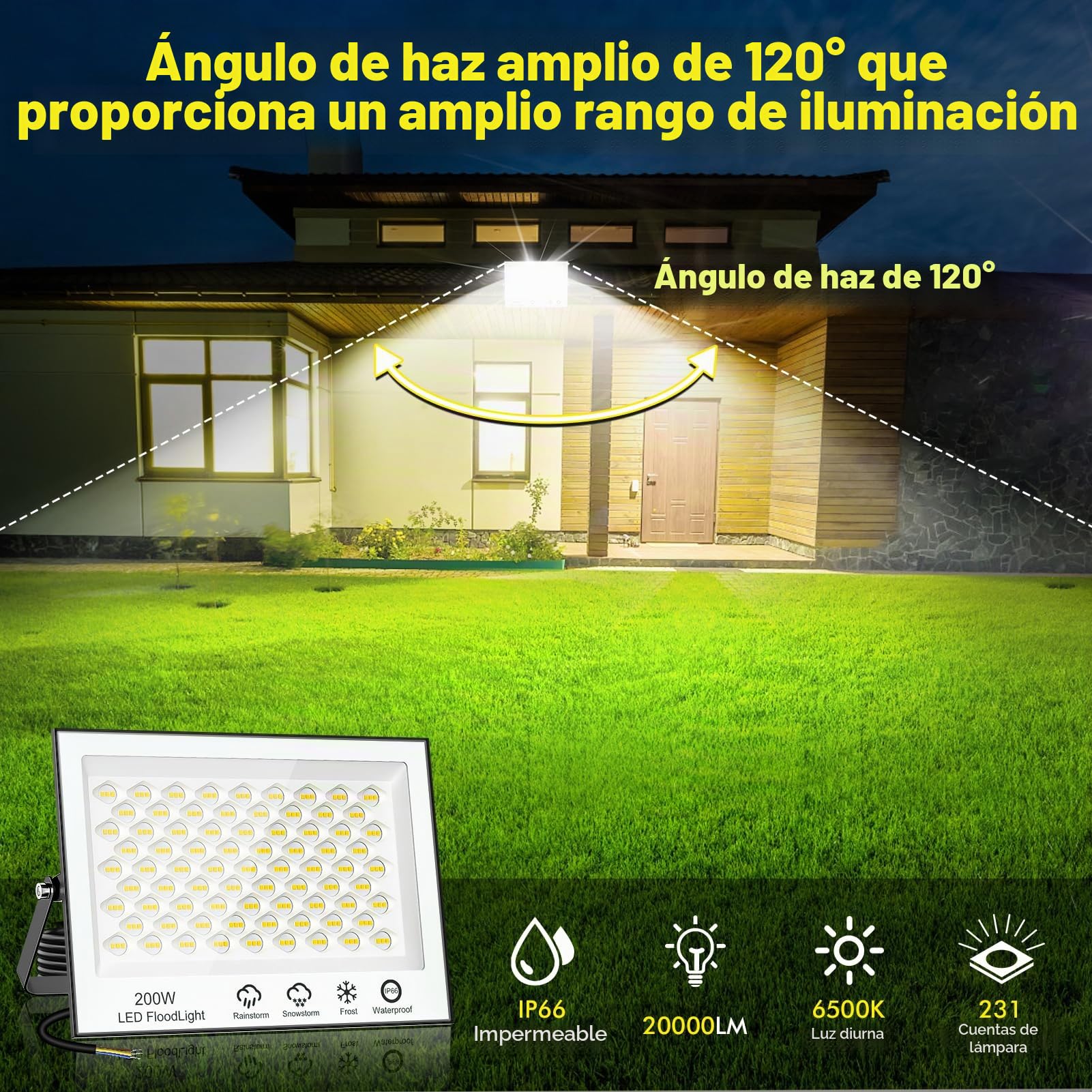 Focos LED Exterior 200W 2 Piezas - Super Luminoso 15000LM 6500K Blanco Frí Foco LED, Impermeable IP66 Luz LED Exterior para Jardín, Patios, Parking, Hotel, Naves etc