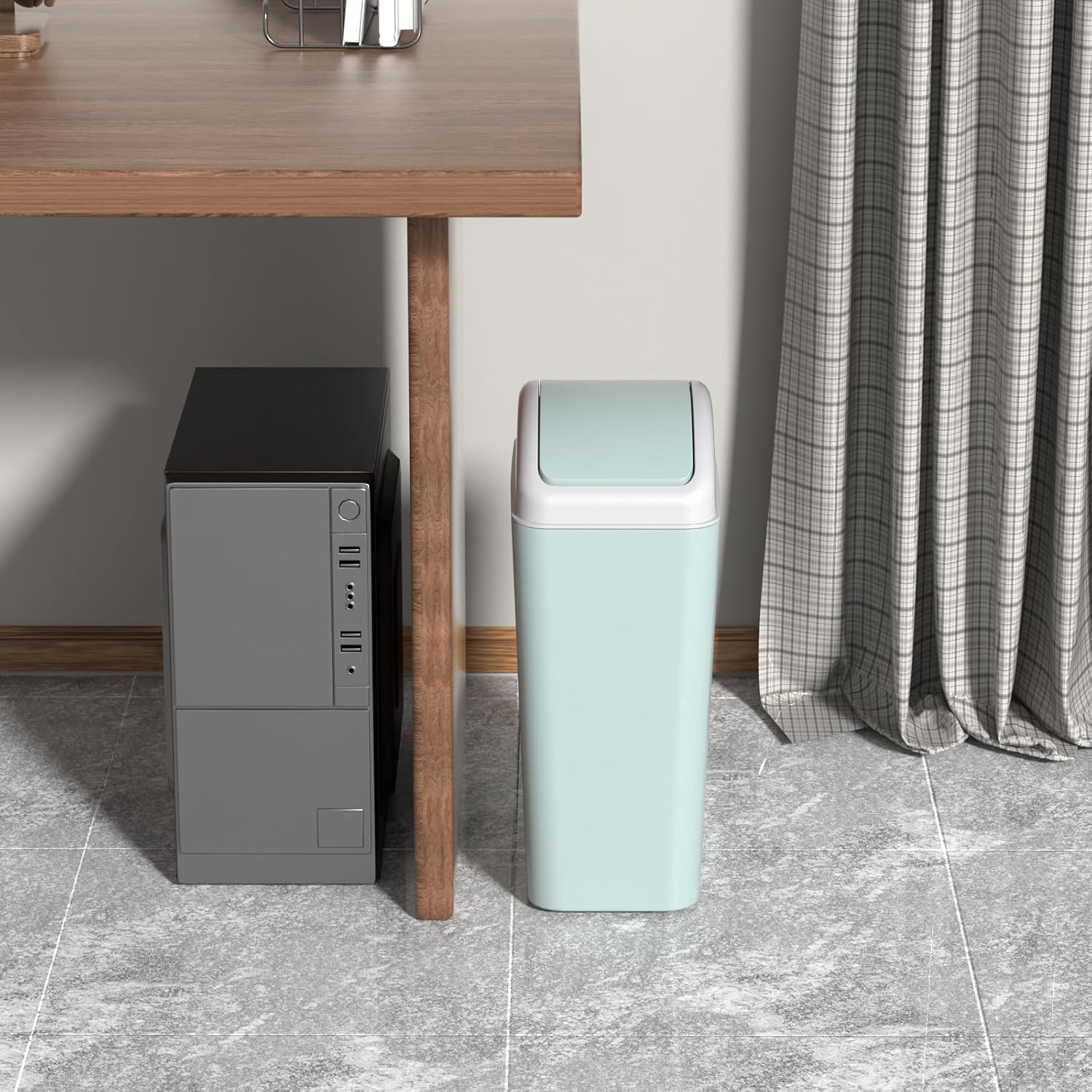 3.5 Gallon Plastic Trash Can with Swing Lid, Slim Wastebasket | Trash Bins for Bathroom, Bedroom