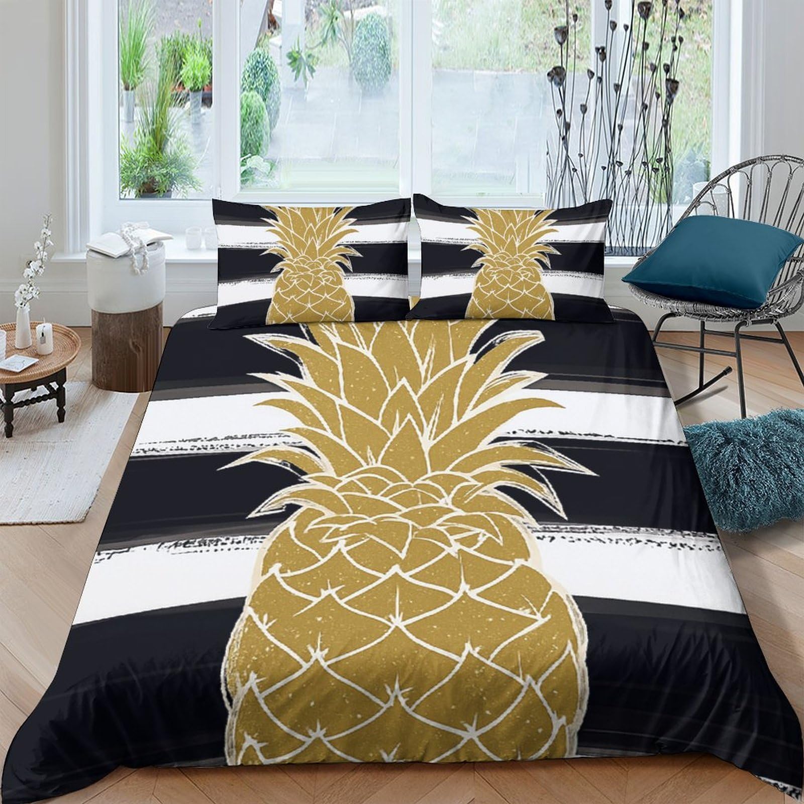 Ctjqhvkz Style-3 3D Printed Golden Pineapple Fitted Sheet Microfiber Black White Stripe Mattress Cover Anti-Slip Machine Washable Home Bedroom Dorm Decor Single（135X200cm）