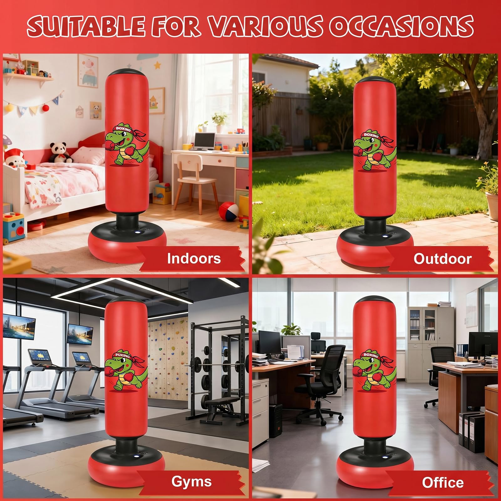 Ninonly 130cm Sacco da Boxe Bambini Motivo a Dinosauro Rosso | Pungiball Bambini con Guantoni e Pompa, Regalo per Bambini e Bambine Età 3+,per Karate e Taekwondo
