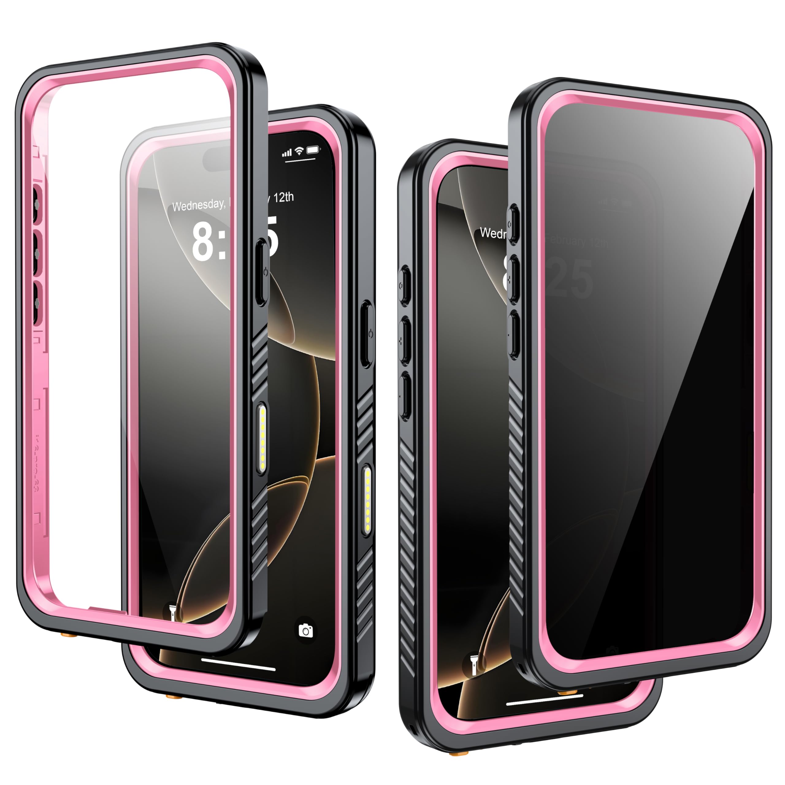 AMILIFECASES for iPhone 16 Pro Case IP68 Waterproof, Pink | Built-in Privacy Screen Protector & HD Screen Protector Shockproof Dustproof Full Body