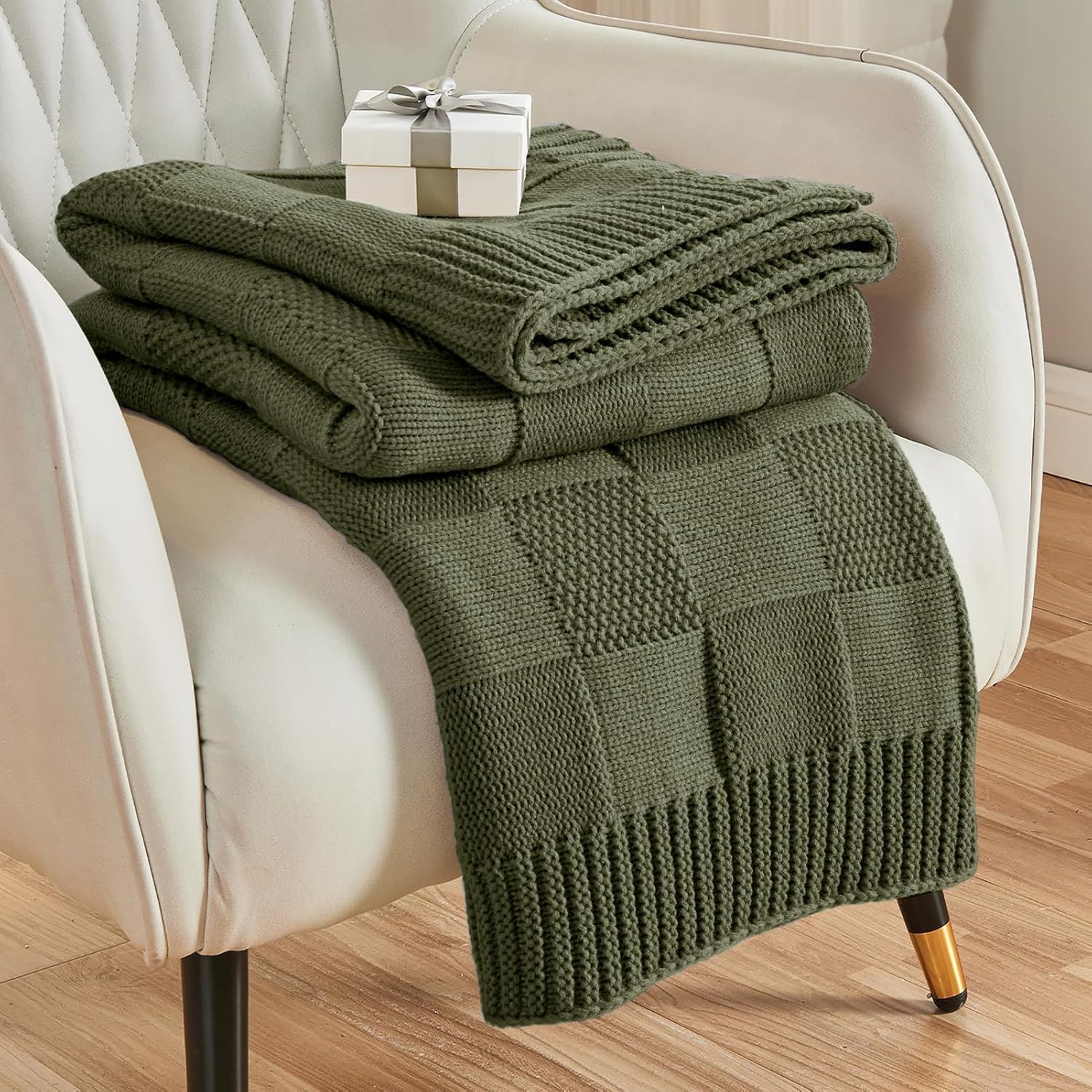 Amazon com: CozeCube Check Knit Throw Blanket Olive Green Checkered