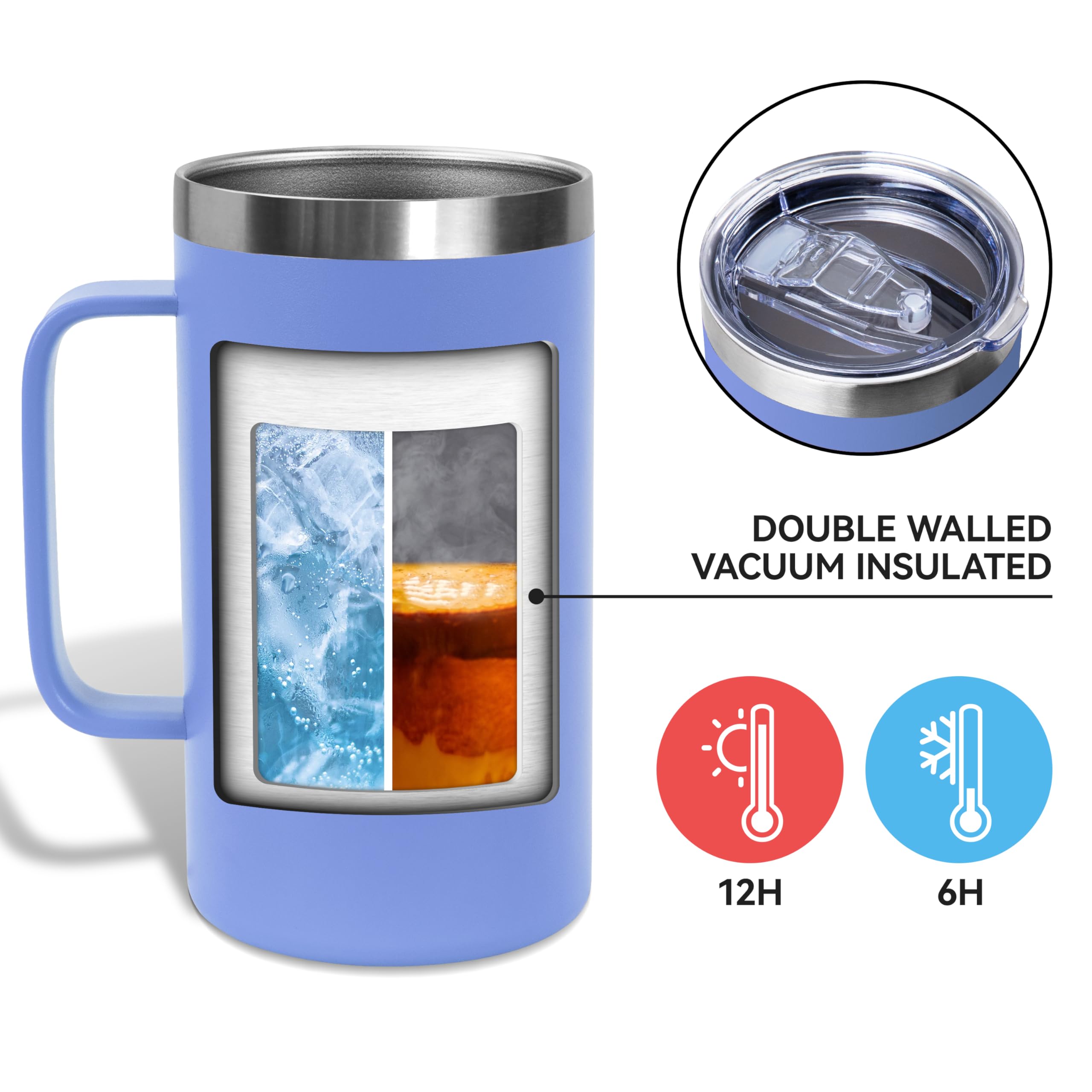 DOMICARE Taza de café de acero inoxidable de 24 onzas con asa y tapa, taza de viaje con asa, vaso de café al vacío de doble pared, taza aislada reutilizable, azul, paquete de 8