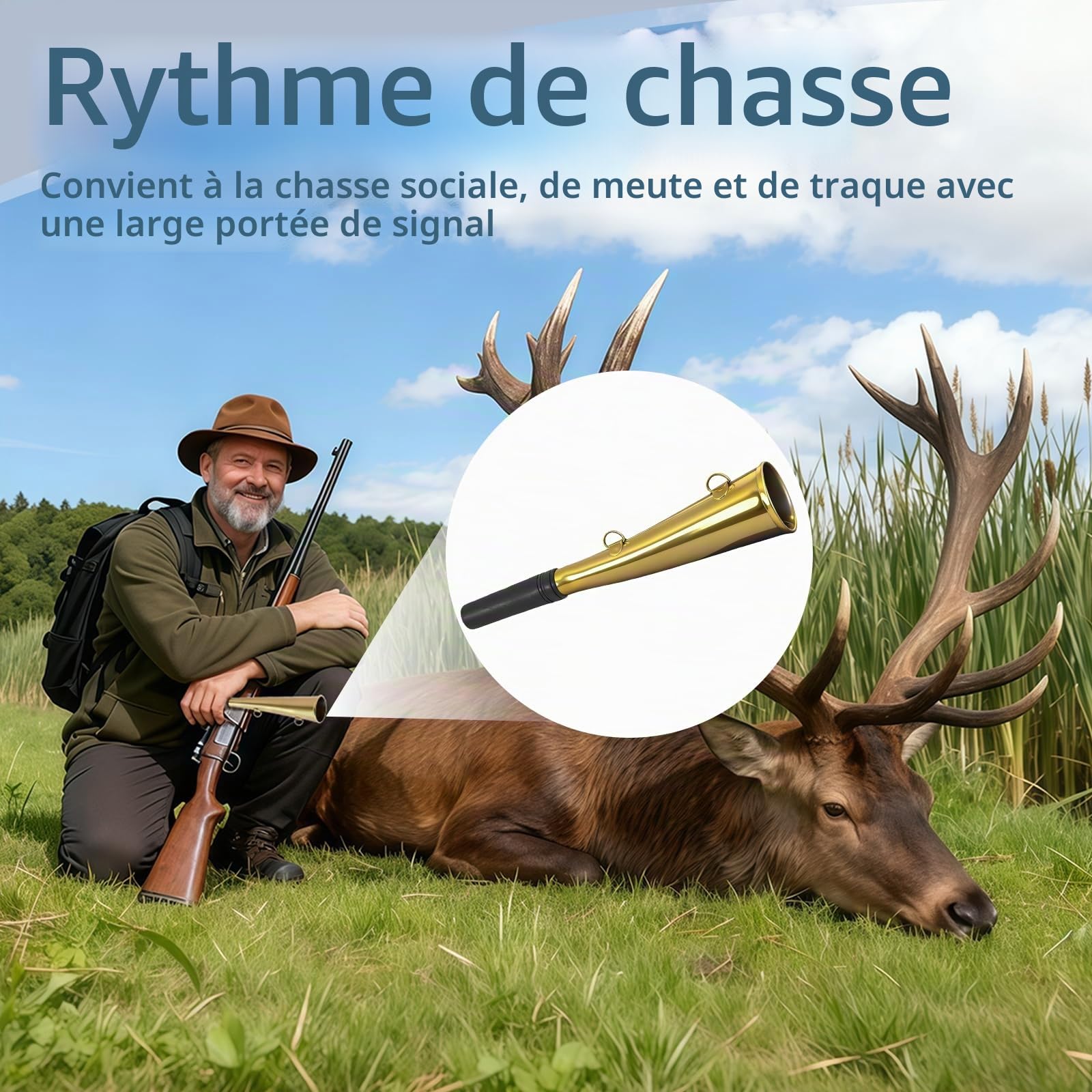 Klaxon de chasse - 21 cm - Pour chasse à la pression - En laiton - Convient pour les groupes de chasse, les petits bateaux - Force sonore claire pour différents extérieurs