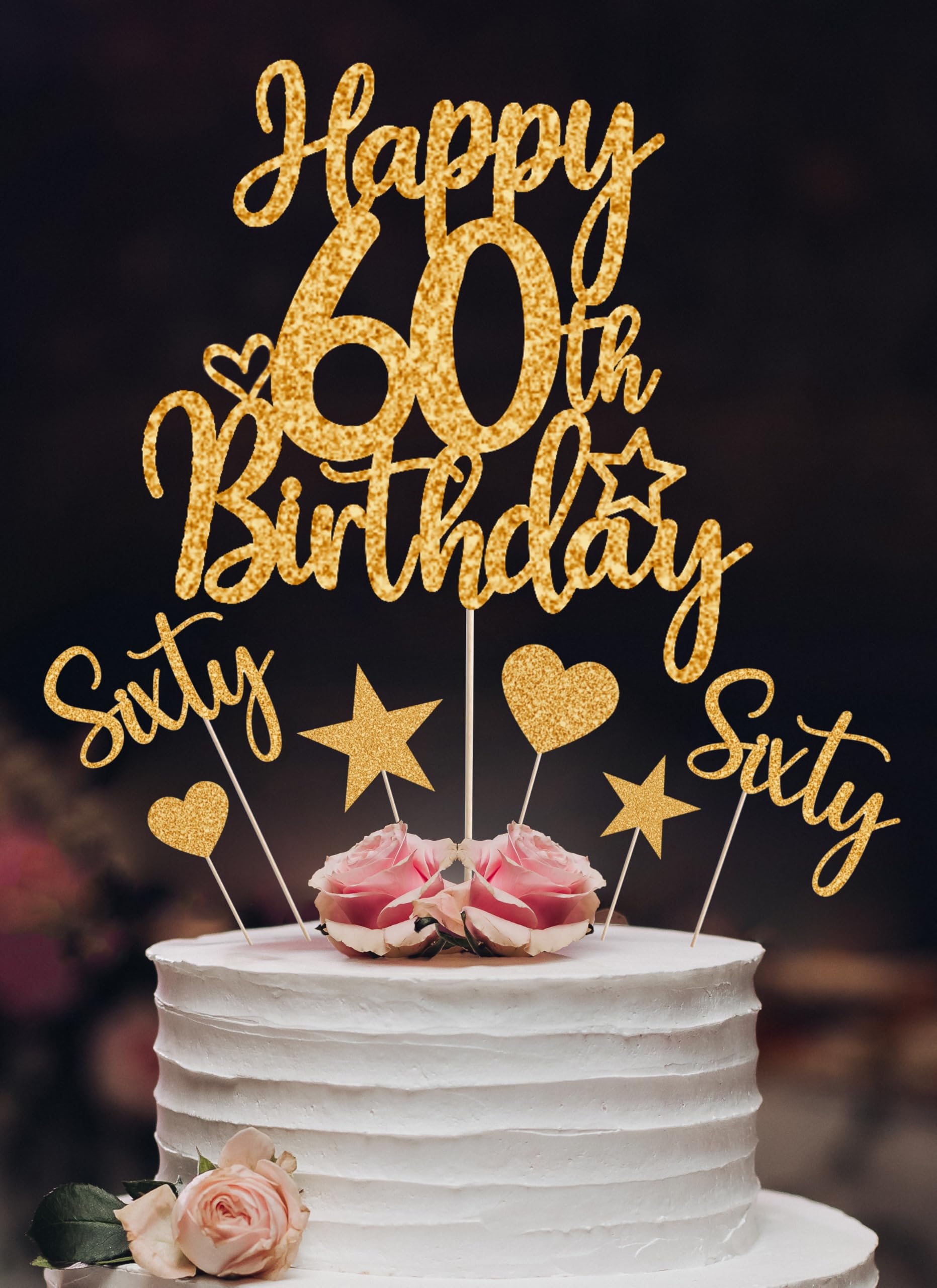 7 Pcs 60th Birthday Cake Decorations For Women, 60th Birthday Cake Topper Glitter Happy 60th Birthday Cake Toppers Set for Birthday Party Supplies (Gold)