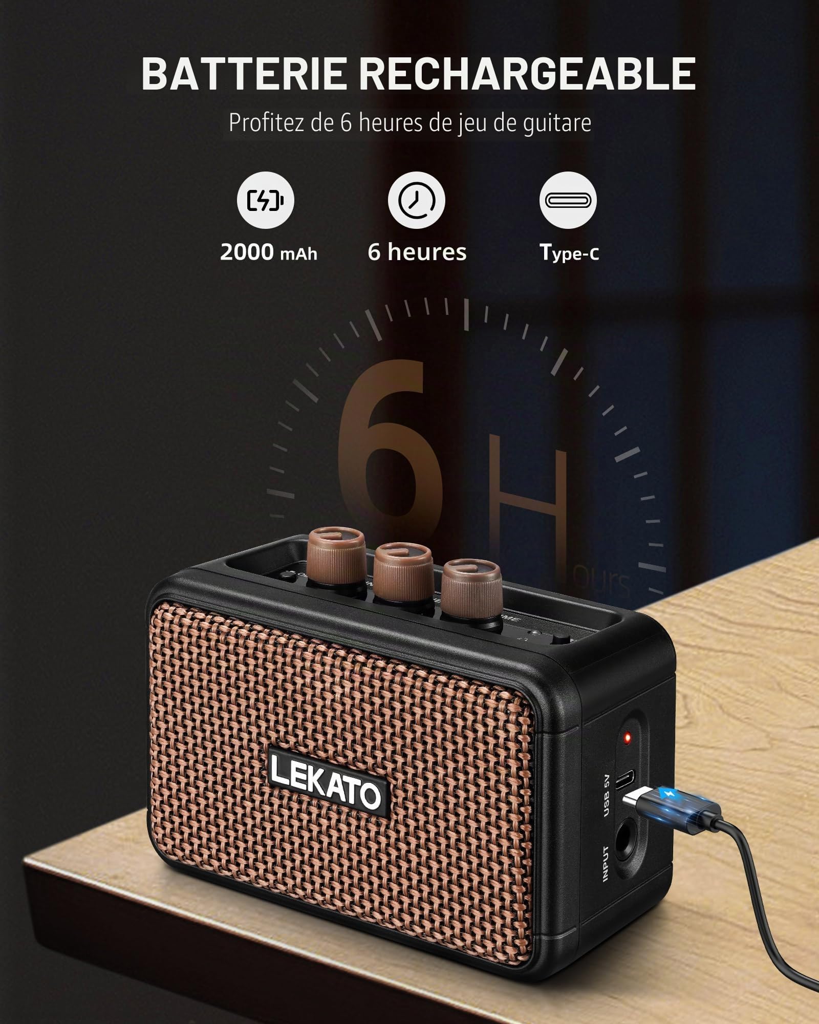 Mini ampli Guitare, amplificateur électrique Rechargeable LEKATO 5 W avec Effets Clean/Overdriver, ampli Portable Bluetooth 5.0 pour s'entraîner à la Maison et Les réunions Musicales