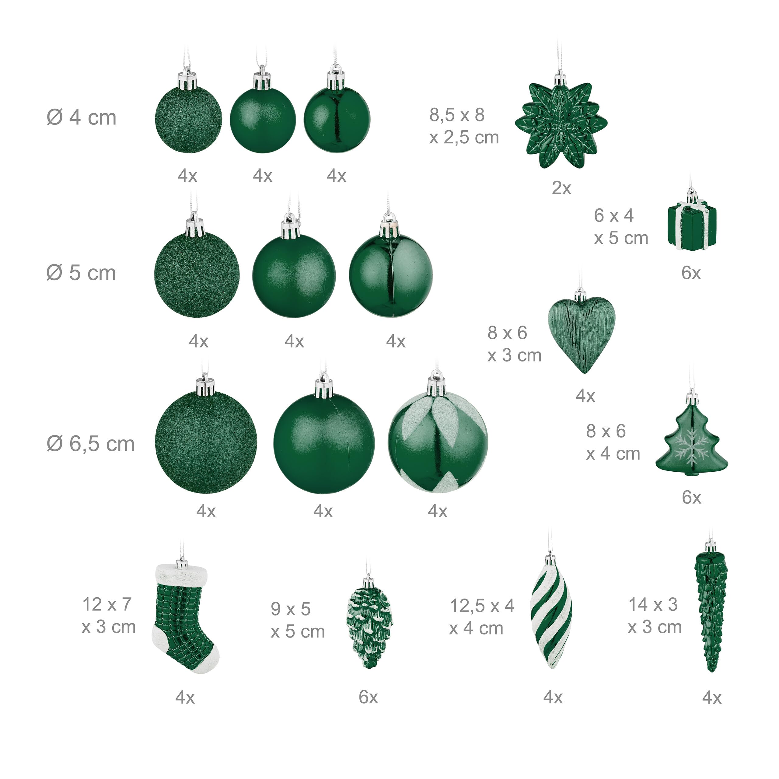 Relaxdays Boules de Noël, Lot de 72, en Plastique, Ornements de Sapin, cœurs, Bottes, Pommes de pin, Vertes