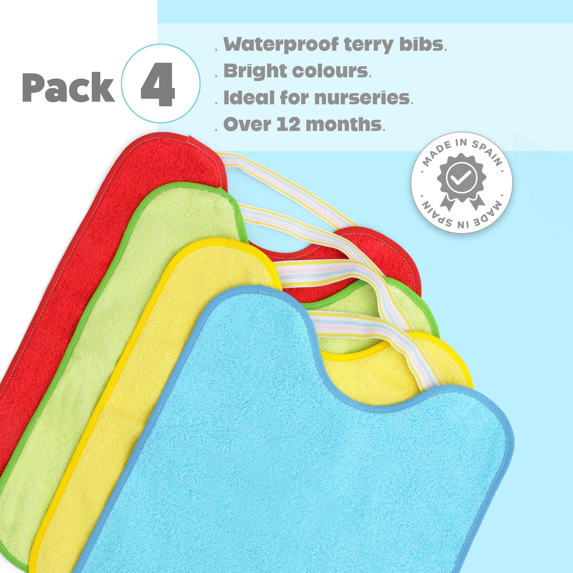 Ti TIN| Lot de 4 Bavoirs Éponges Imperméables| 33x36 cm | 90% Coton 10% polyester - Bavoirs Bébés de plus de 1 an - Fermeture Élastique - Doublure Vinyle - Motif et Couleur unie - 320gr/m²