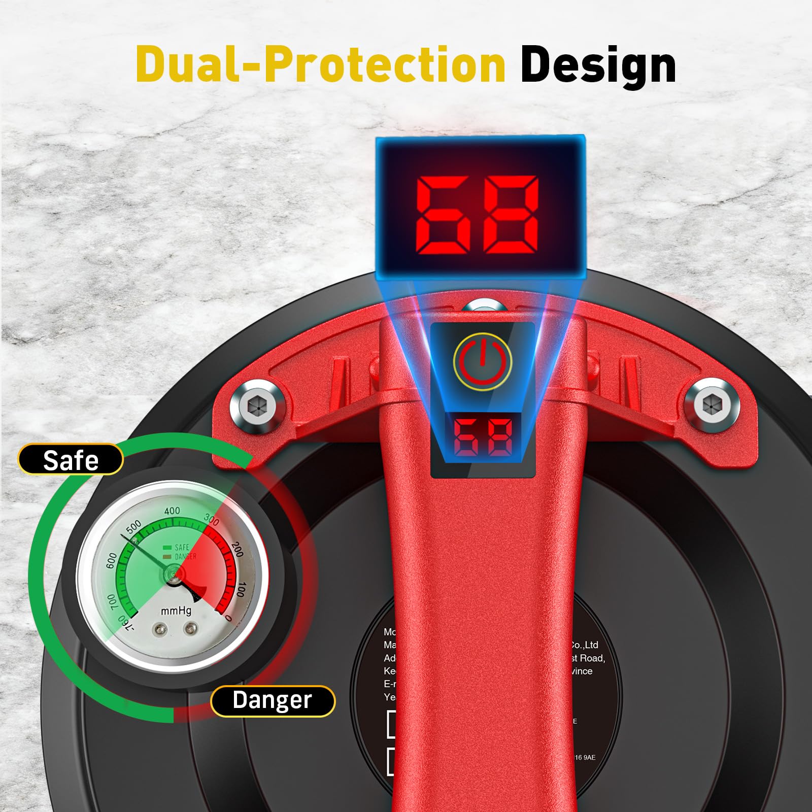 Ventosa per Piastrelle con Manometro, Ventosa Elettrica per Vetro-270KG di Aspirazione-Batteria da 4 x 2400mAh-Ventosa per Sollevamento Vetro, Granito, Piastrelle, Metallo (Rosso)