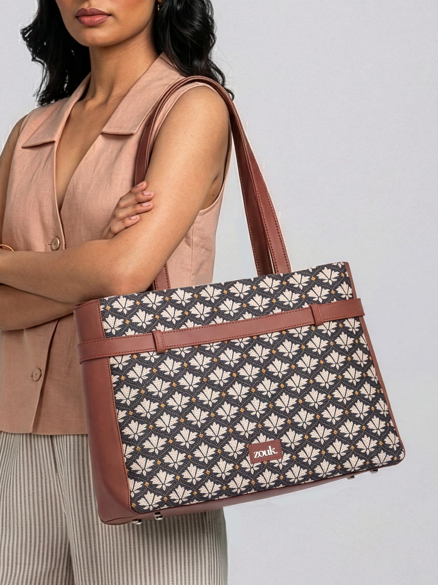 ZOUK Bidri Kaiser Motif Printed Women's Jute Handcrafted Vegan Leather Black and White Statement Office Shoulder Bag