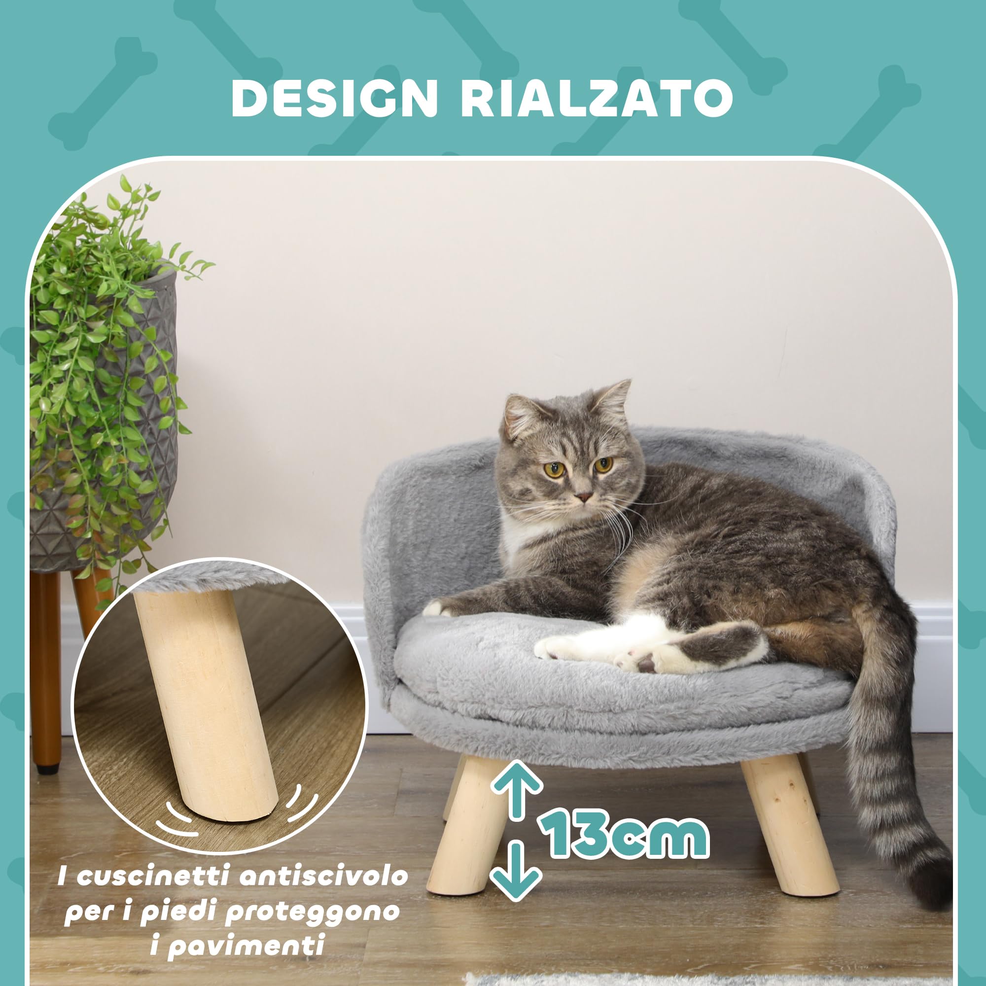PawHut Lettino per Cani Taglia Media di 5 kg Massimo Rotondo, Divano per Cani in Tessuto di Peluche e Legno con Cuscino Extra Lavabile in Cotone PP, Ø40.5x33 cm, Grigio