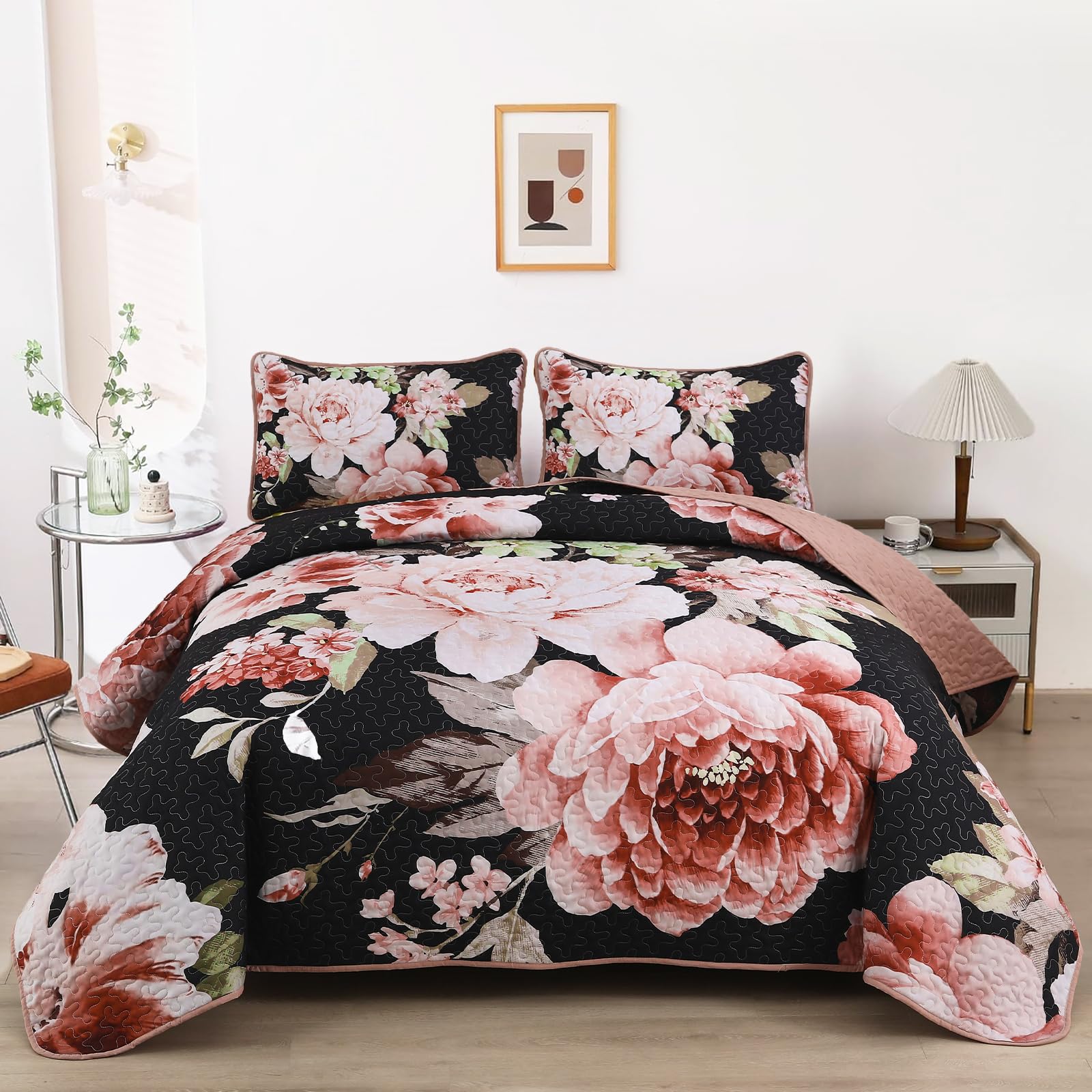 Photo 1 of WONGS BEDDING Black Quilt Set Queen,3 Pieces Pink Floral Bedspreads Lightweight Botanical Coverlet Set for All Seasons, Reversible Quilted Printed Bedding Set with 2 Pillow Shams