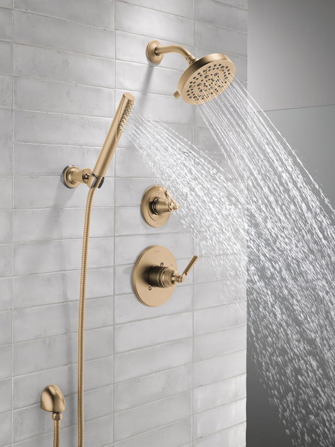 Delta Saylor 3-Setting Brushed Gold Shower System Including Shower Head, Handheld Shower, Shower Handle, Shower Diverter and Shower Valve Kit, Champagne Bronze
