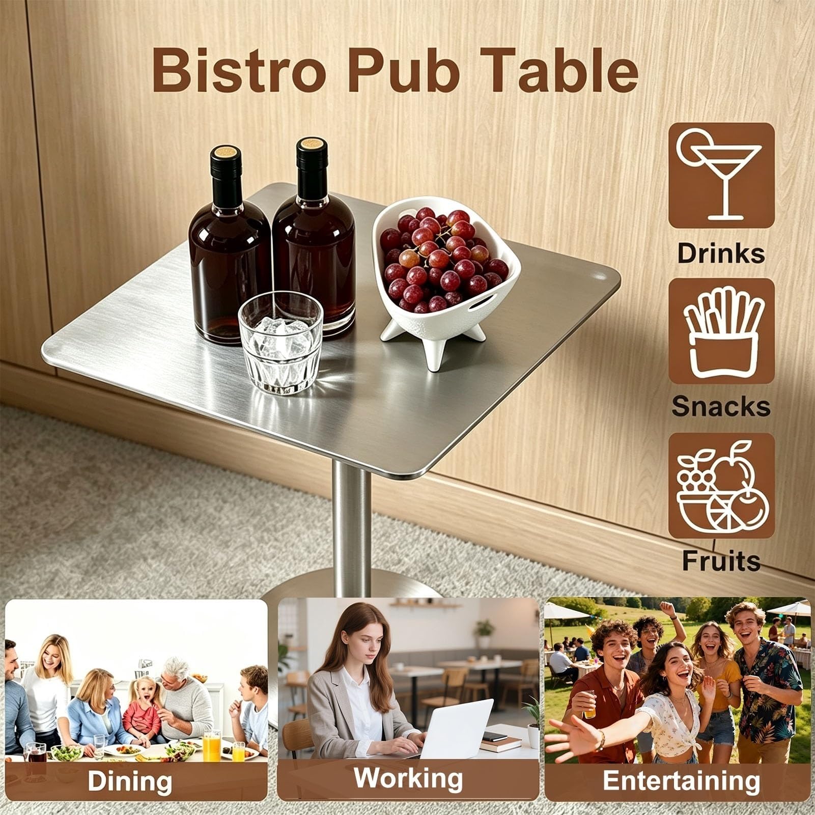 Mesa Cuadrada Moderna de Acero Inoxidable para Bar, bistró, cóctel, Desayuno, Cocina, Bebida, cóctel