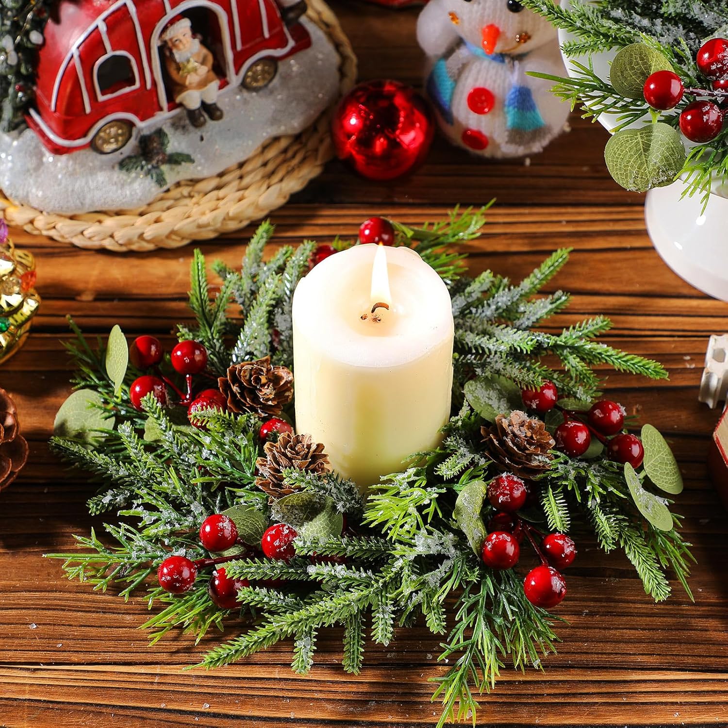 Dingion 8 Pcs Mini Christmas Kitchen Cabinet Wreath Small Christmas Wreath Decorations Norfolk Pine Artificial Berries Snowy Pine Garland with Red Ribbon for Xmas Table Centerpiece Front Door Decor