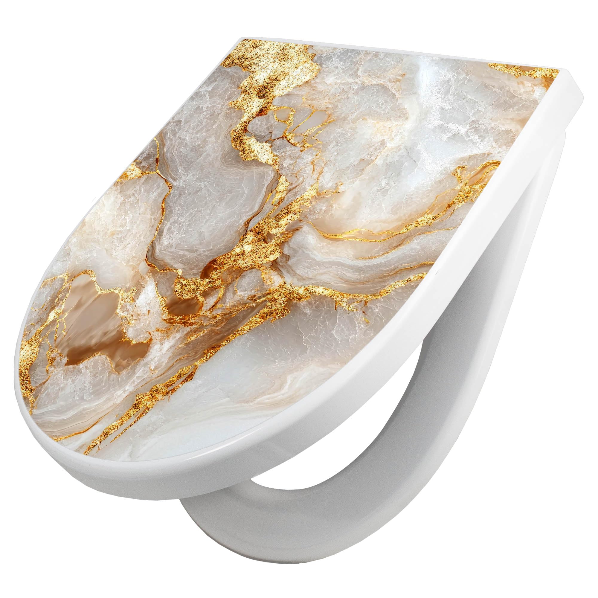 banjado WC Sitz mit Absenkautomatik D Form - Toilettendeckel mit Absenkautomatik D Form - Klodeckel Softclose - stabile Klobrille - Toilettensitz Weiß - Motiv Weißer Marmor mit Gold 1