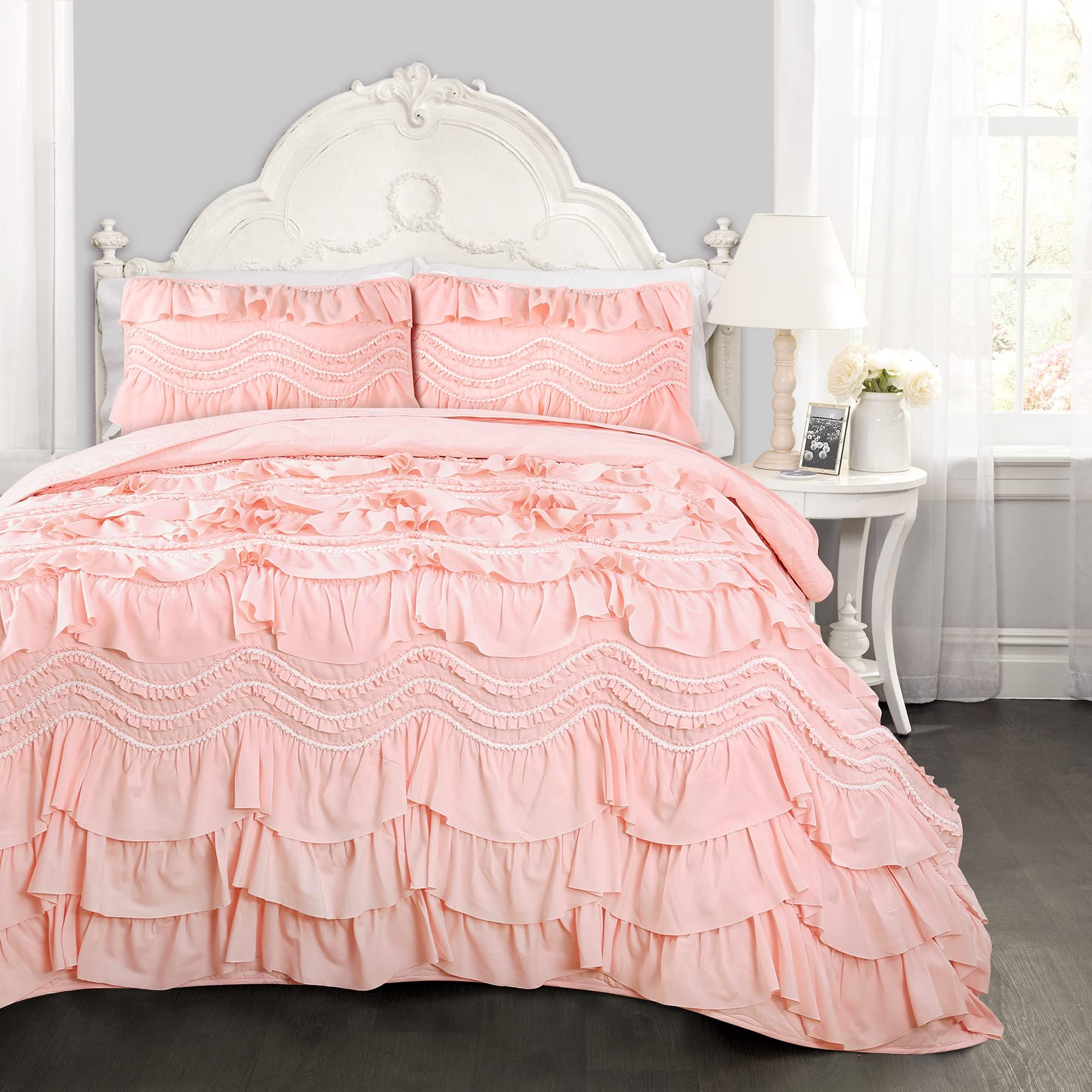 Lush Decor Kemmy Quilt Ruffled Textured 3 Piece King Size Bedding Set, Peach/Blush