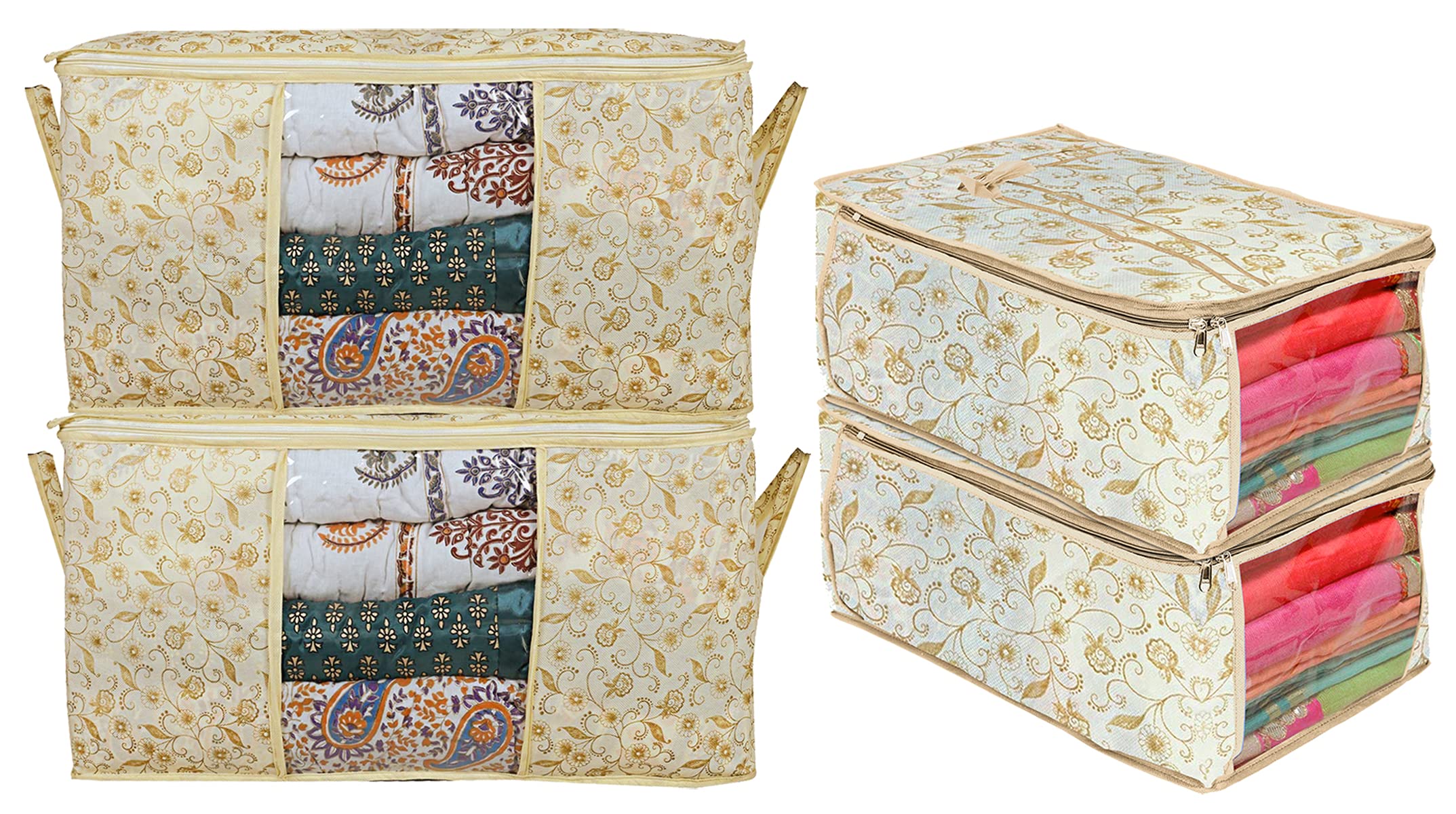 Kuber Industries Metalic Leaf Print 4 Piece Non Woven Saree Cover and 4 Pieces Underbed Storage Bag, Storage Organiser, Blanket Cover- Brown, Brown, Pack of 4