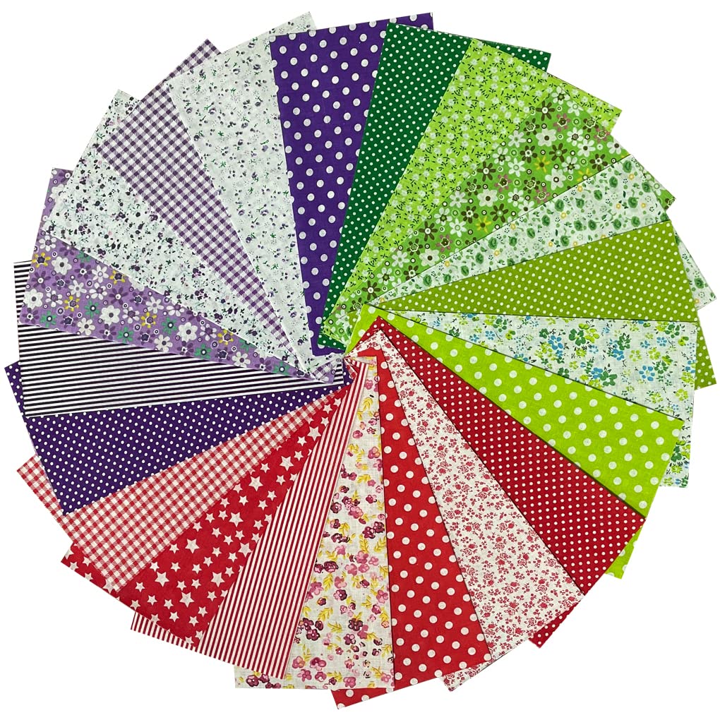 Jukway Red, Green, Purple 21Pcs Cotton Fabric Squares 25X25 Cm Different Patterns Printed Craft Patchwork Cloths Fabric Bundles For Sewing, Quilting, Diy Decoration, Scrapbooking, Handwork (Red, Green, Purple)