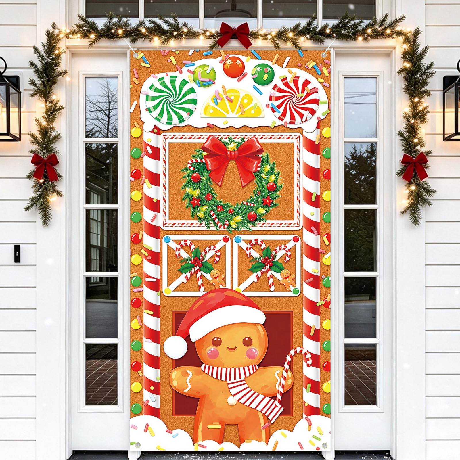 Gingerbread Christmas Decorations Door Cover Christmas Banner 180 x 90 cm