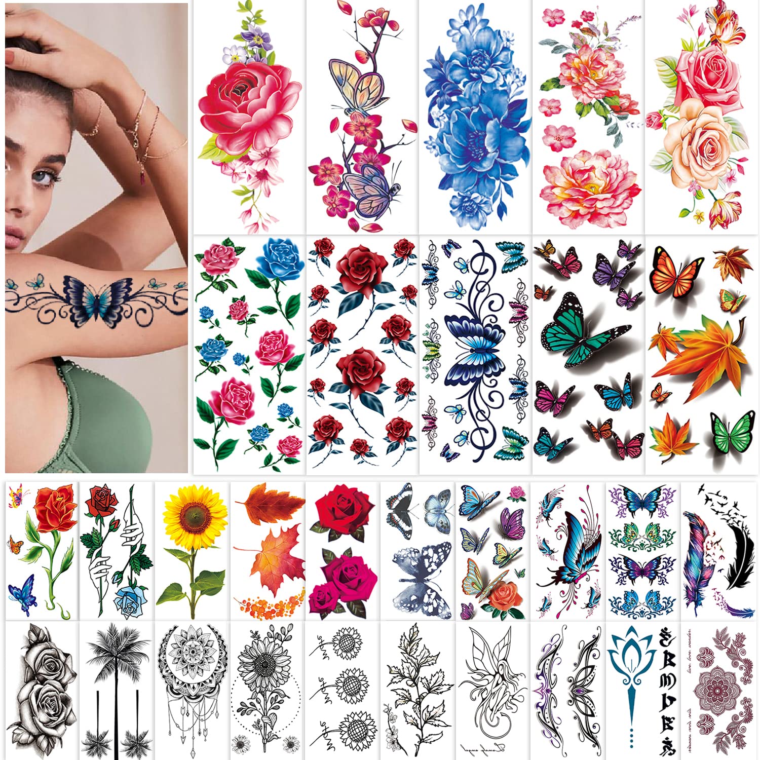 42 Sheets Flowers Temporary Tattoos Stickers, Roses, Butterflies and