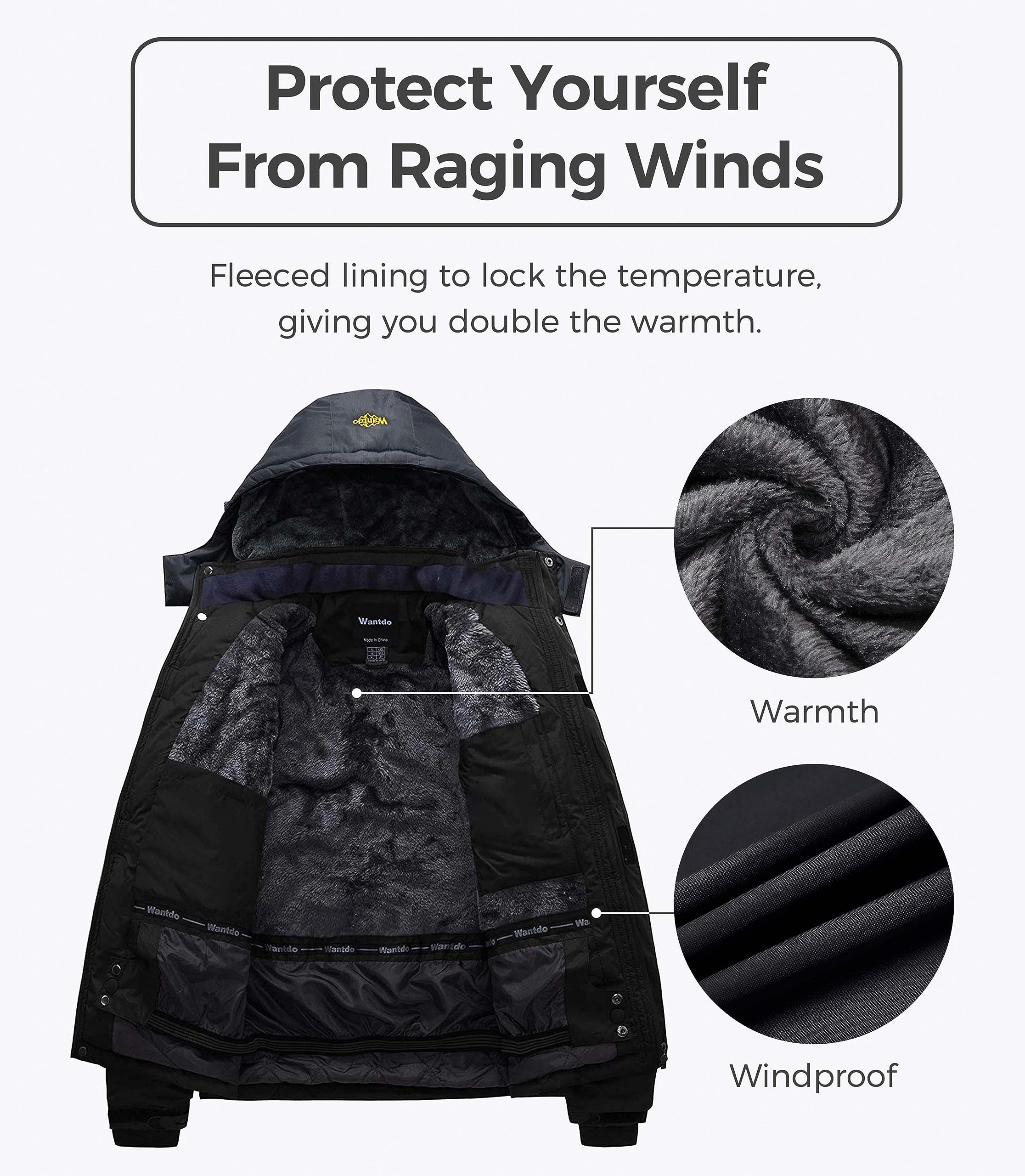 Wantdo Giacca da Sci Montagna Calda Invernale Parka da Neve Imbottita Cappotto da Snowboard in Pile Giubbotto con Cappuccio Impermeabile Uomo