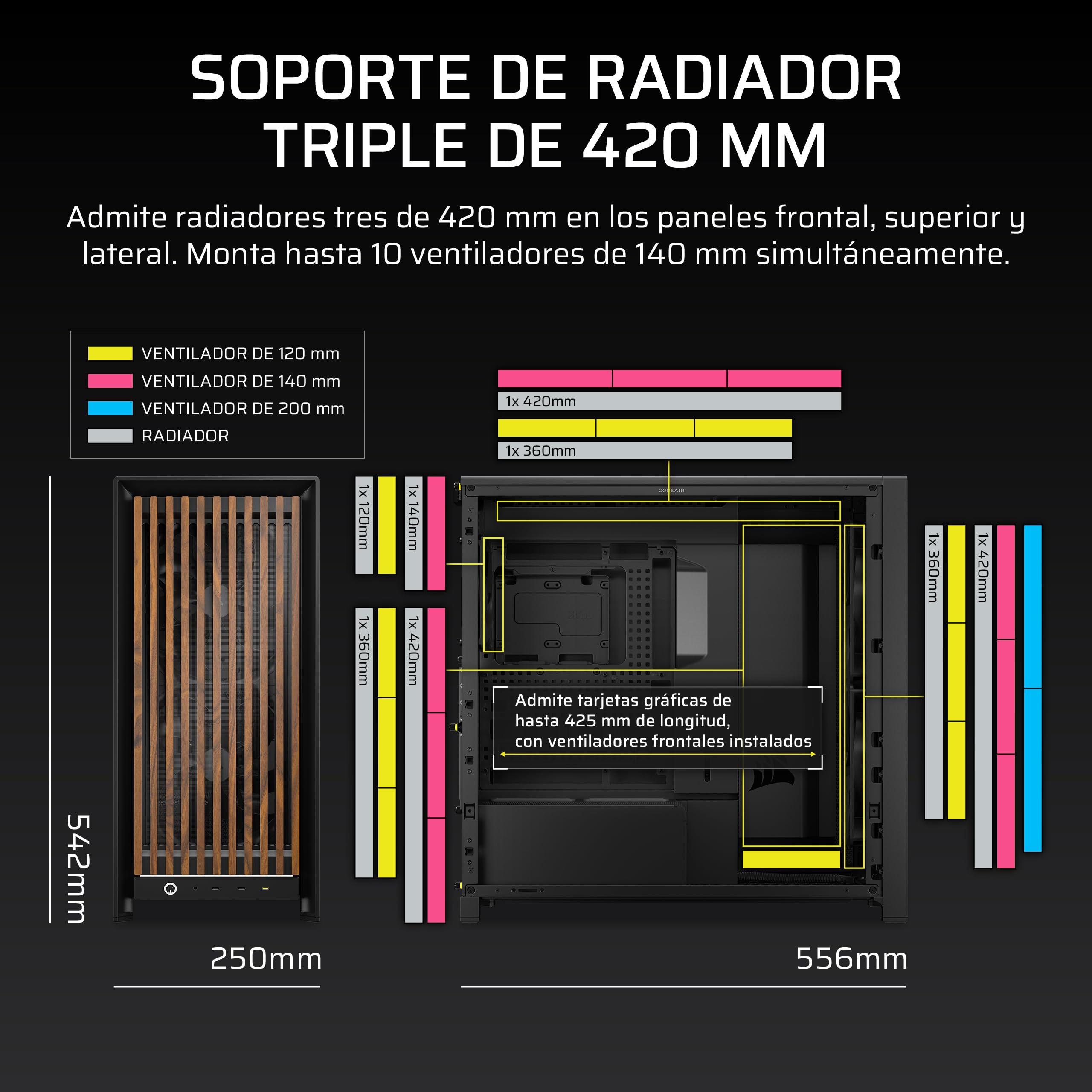 CORSAIR Frame 5000D Wood RS Caja de PC ATX de Semitorre – Negro/Nogal | Panel de Flujo de Aire de Madera Maciza, 3 Ventiladores Preinstalados, Personalización Modular, Brazo Anticaída GPU