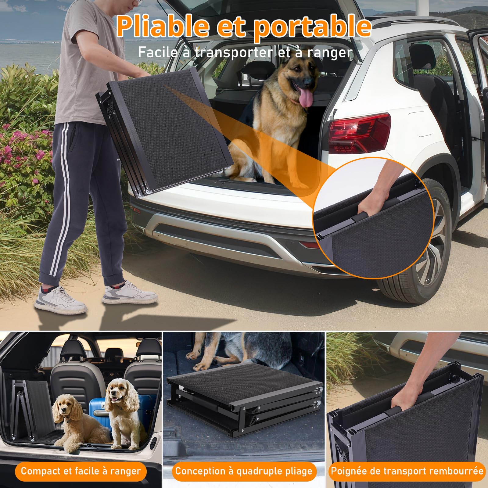 Rampe pour Chien Voiture Pliable 180 x 50 cm, jusqu'à 70 kg, Surface Antidérapante, Cadre en Aluminium Léger
