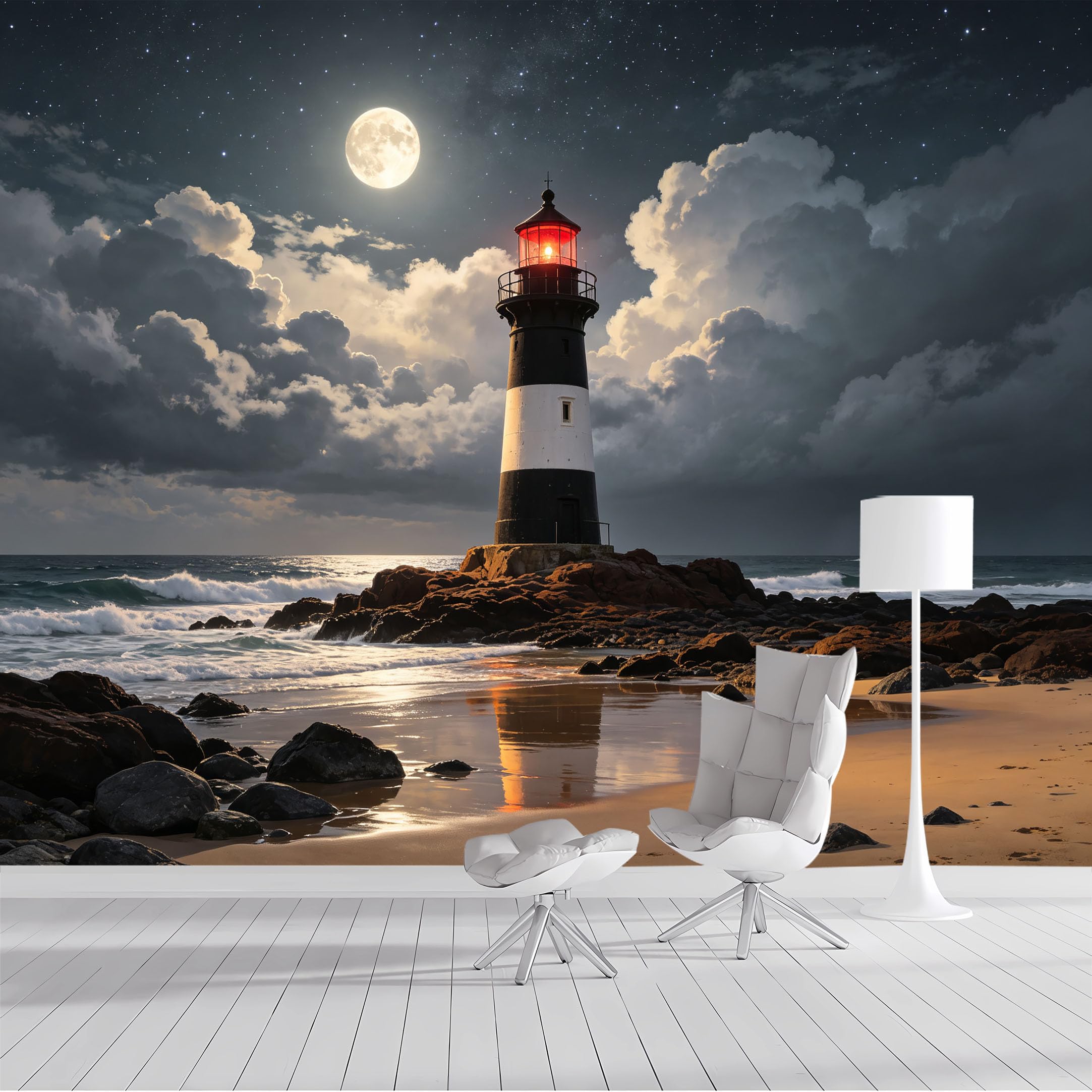 Yzpallescene Bh260711032 Custom Size Wall Mural Moonlit Lighthouse Seascape Selfadhesive Wall Fabric Removable Peel And Stick Wallpaper Wall Decor For Living Room Bedroom Bathroom