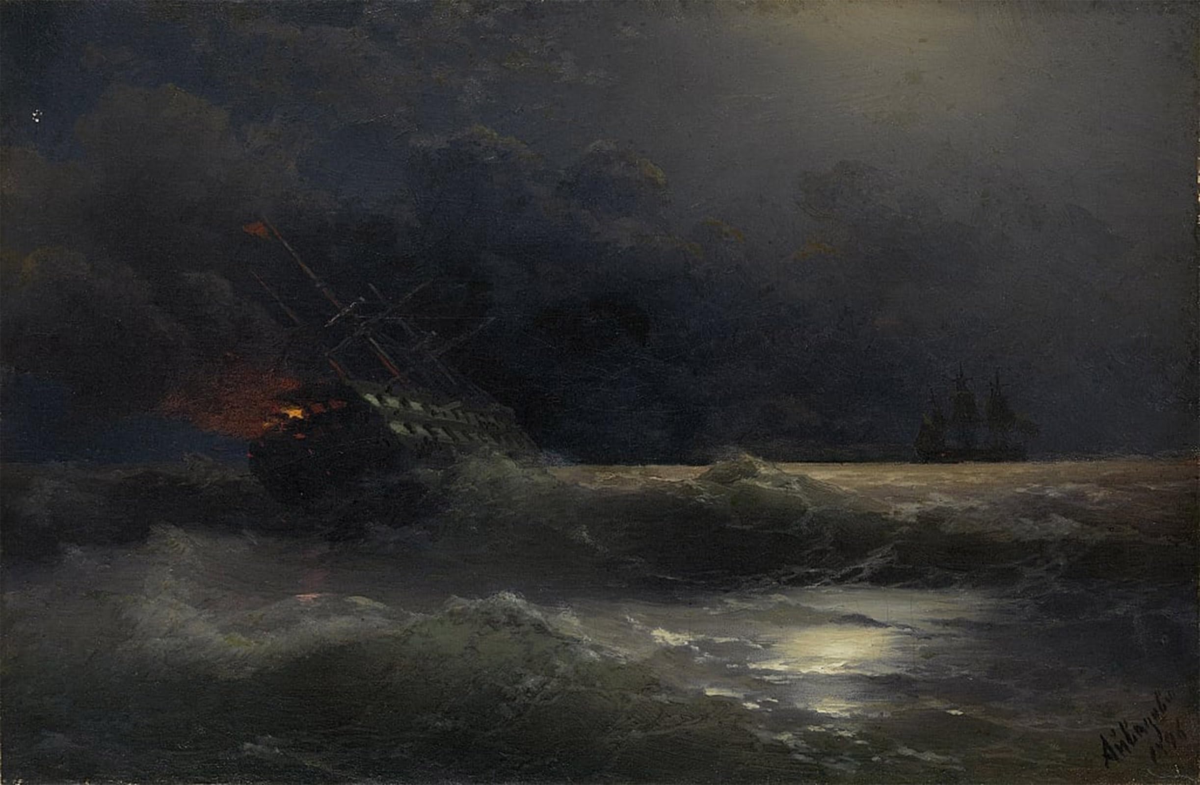POSTERIIk Vintage Classic Picture Landscape Artwork Burning Ship an Episode of the Russian-turkish War by Ivan Konstantinovich Aivazovsky Portrait Canvas Painting for Office Home Decor 60x90cm