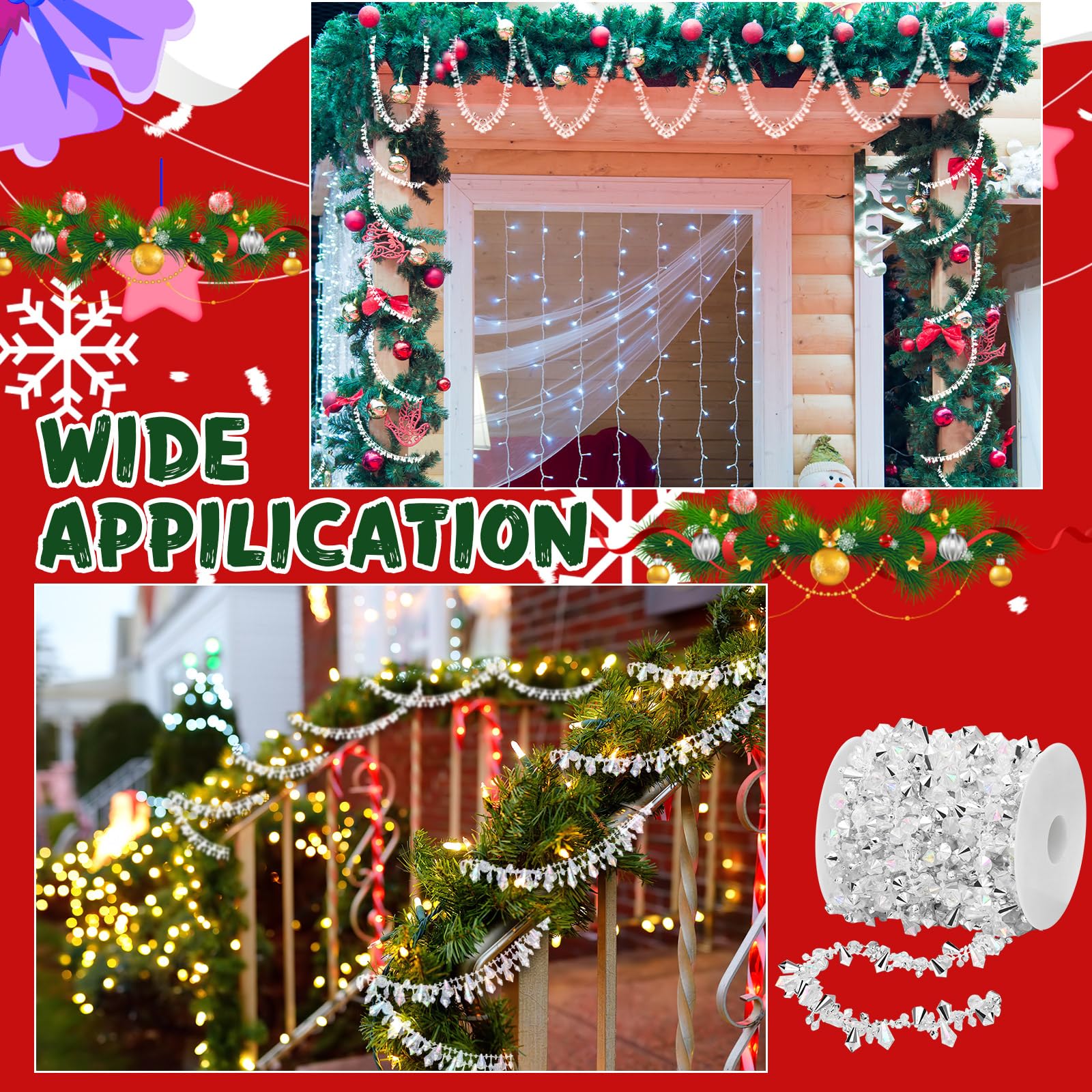Bucherry 6 m lange Weihnachtsgirlande aus Acryl, Weihnachtsgirlanden, zum Aufhängen, rustikaler Weihnachtsbaumschmuck, gedrehte Perlenschnur, Ornamente für Hochzeit, Party, Dekor (klar schillernd)