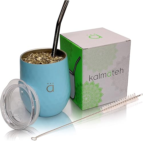Kalmateh Yerba Mate - Calabaza de doble pared de acero inoxidable con tapa sin BPA, filtro de bombilla y limpiador de bombillas (azul pastel, 8
