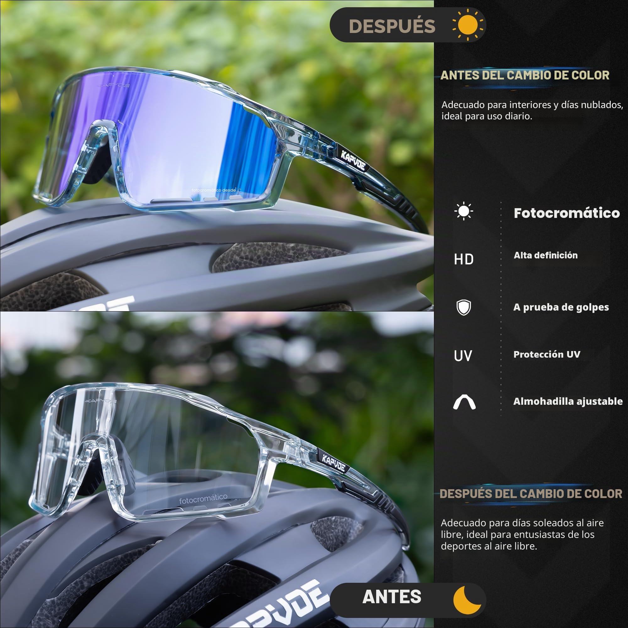 KAPVOE Gafas Ciclismo Fotocromáticas Lente y Montura UV400 Color Azul K76 | Lente & montura fotocromáticas, lente transparente a azul CAT.1-CAT.2, UV400, almohadilla regulable