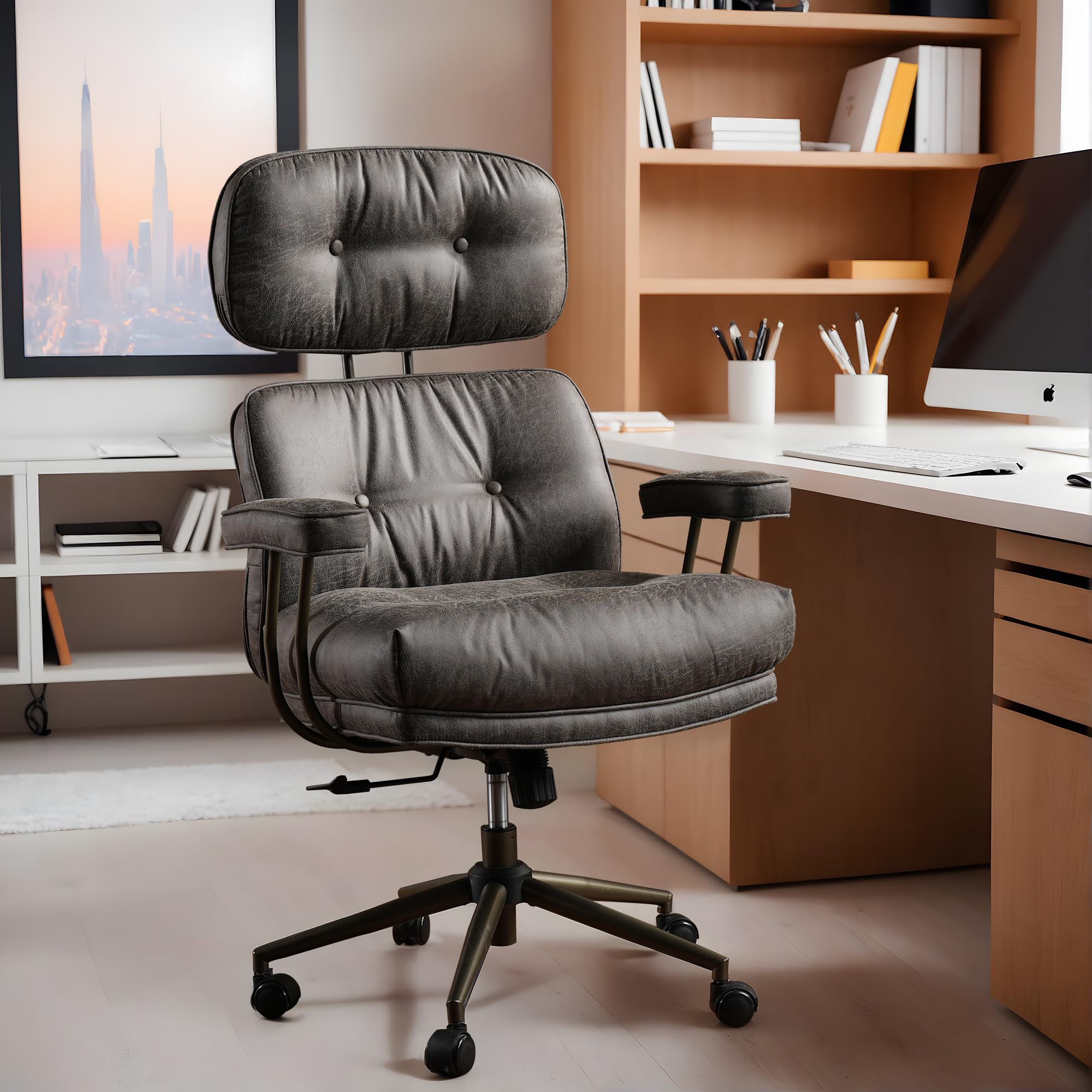 High Back Executive Office Chair with Comfortable Deep Seat,Grey Mid Century Modern Office Chair,Ergonomic Big and Tall Computer Desk Chairs with Lumbar Support(Grey Suede)