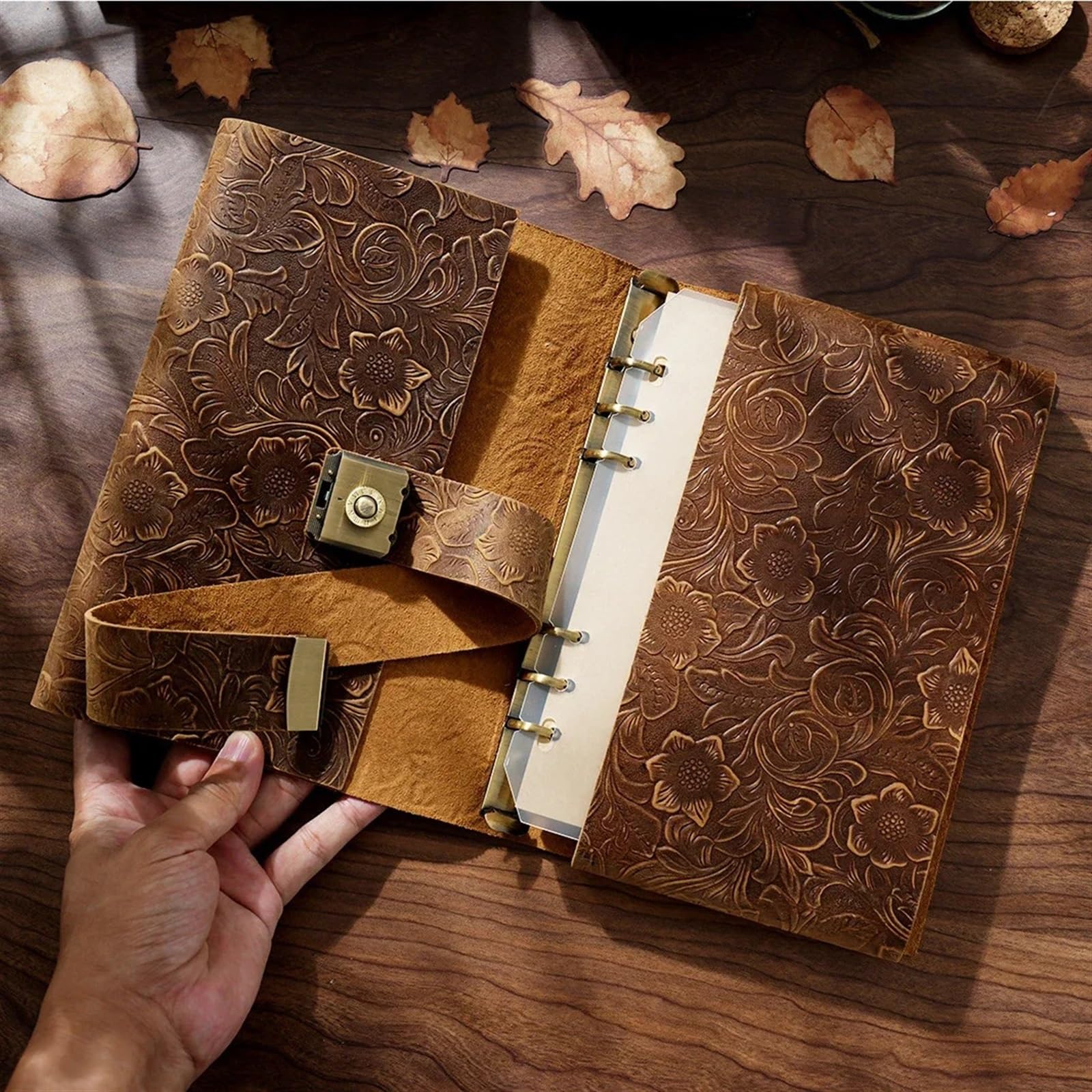 Vintage Journal A5-Ringe-Planer aus echtem Leder, lässig, Passwort-Notizbücher mit Schloss, Tagebuch, kreativer Vintage-Notizblock, Schule, Studenten, Schreibwaren(Style1)