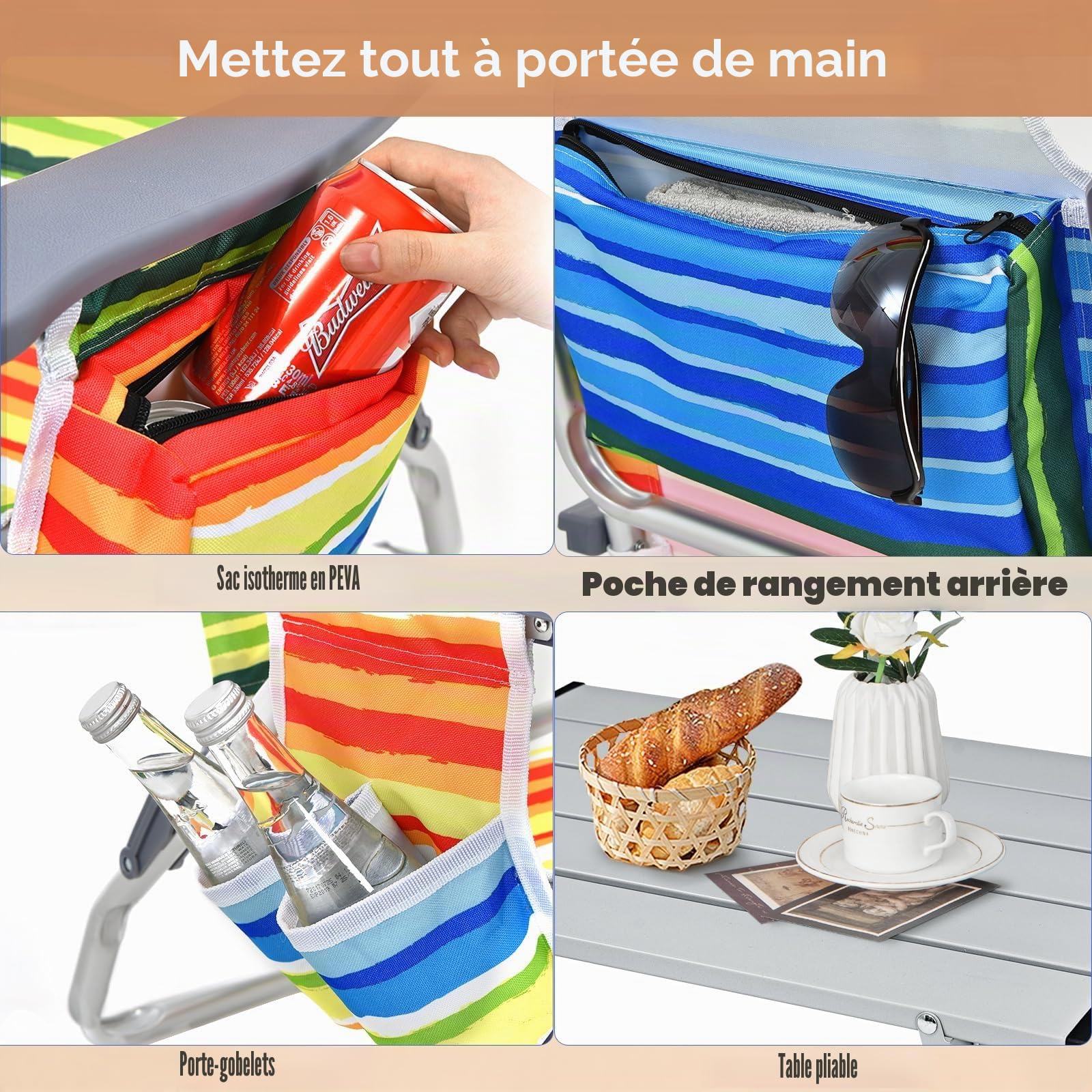 KOMFOTTEU Chaises de Plage Pliables avec Table Basse, Fauteil de Plage avec Appui-tête et Dossier réglable, Chaise de Camping, avec Sac de Glace, Sac de Rangement, Porte-gobelet (Jaune)