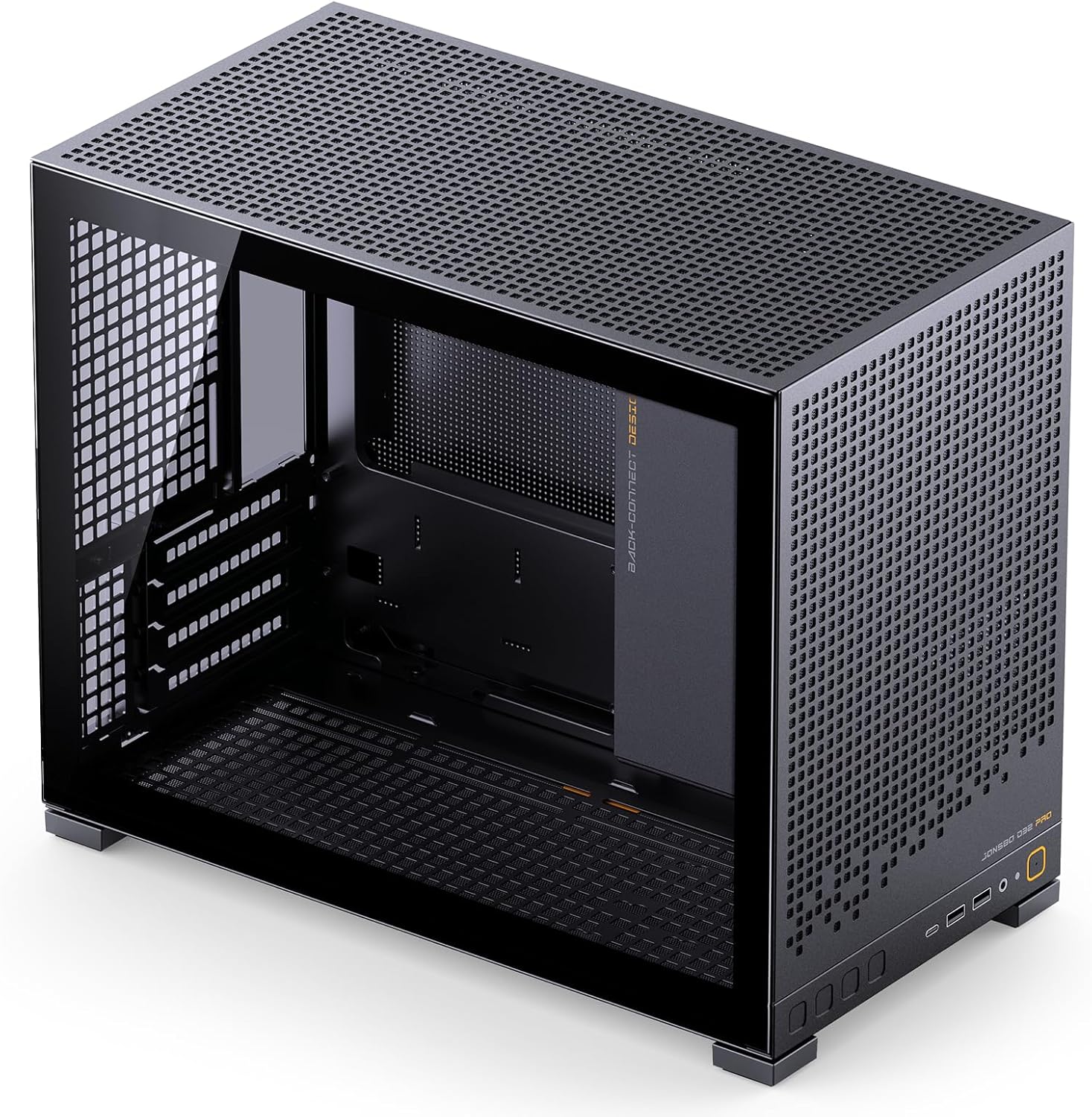 დახრილი view of the JONSBO D32 PRO Micro-ATX PC Case showing internal structure