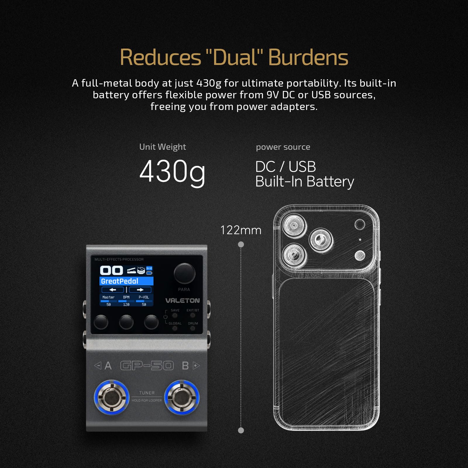 VALETON Multieffekt-Prozessor & NAM/IR Loader mit 100+ HD Effekten, 9 Module gleichzeitig, BT-App, 100 Patch-Slots für Gitarre & Bass GP-50