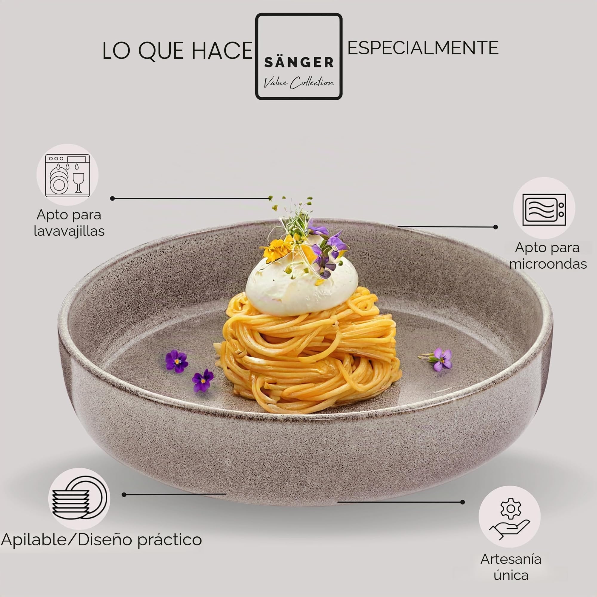 Sänger Kairo Clay - Cuencos para pasta (6 piezas, 6 cuencos de gres, apto para lavavajillas, microondas, resistente a los arañazos, cuenco grande, multifunción, 800 ml), color gris | Juego de cuencos aptos para lavavajillas y microondas, antiarañazos, cue