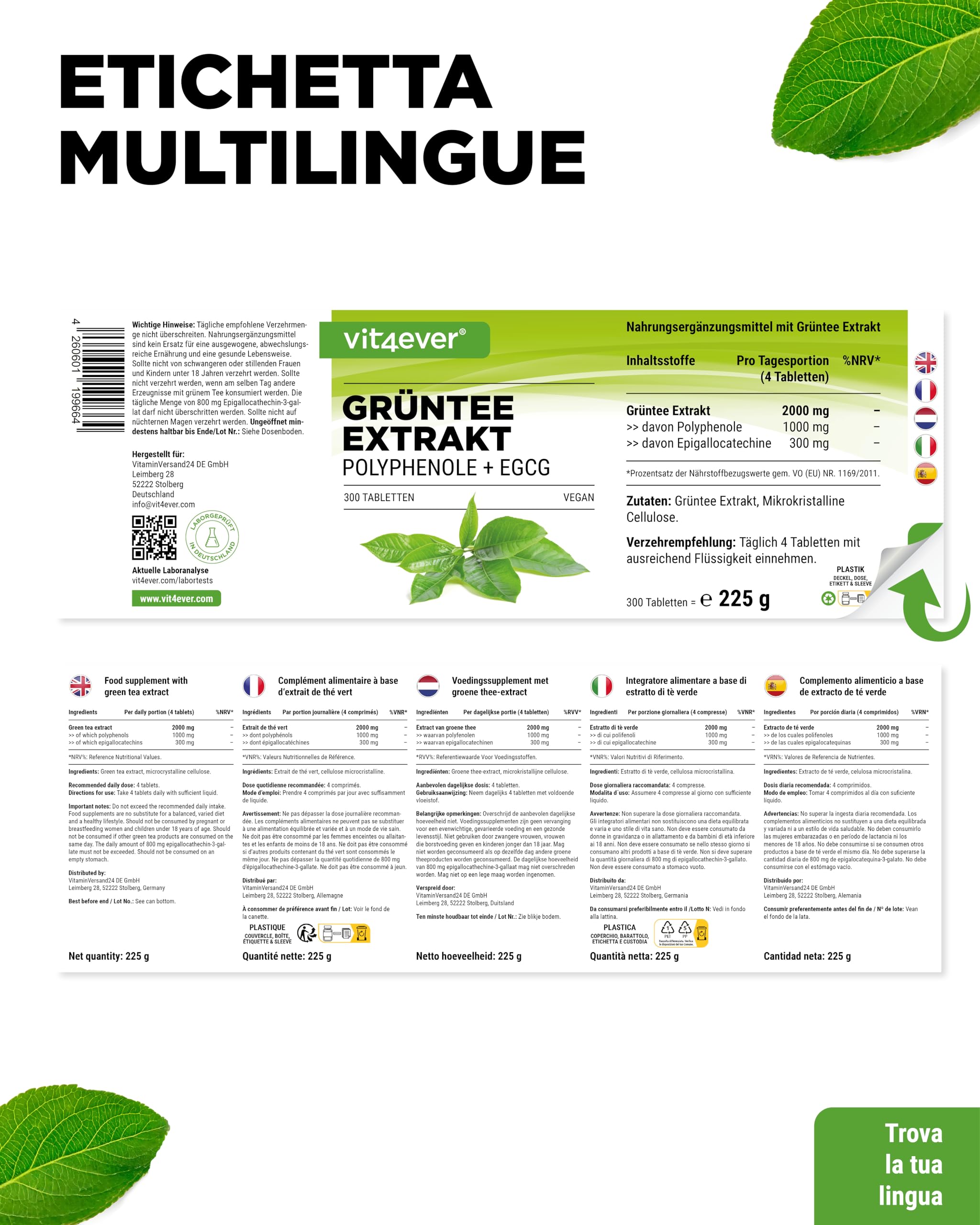 Estratto di tè verde 300 compresse ad alto dosaggio - 2000 mg di estratto di tè verde, 300 mg di EGCG e 1100 mg di polifenoli per dose giornaliera - Tè verde - Vegan