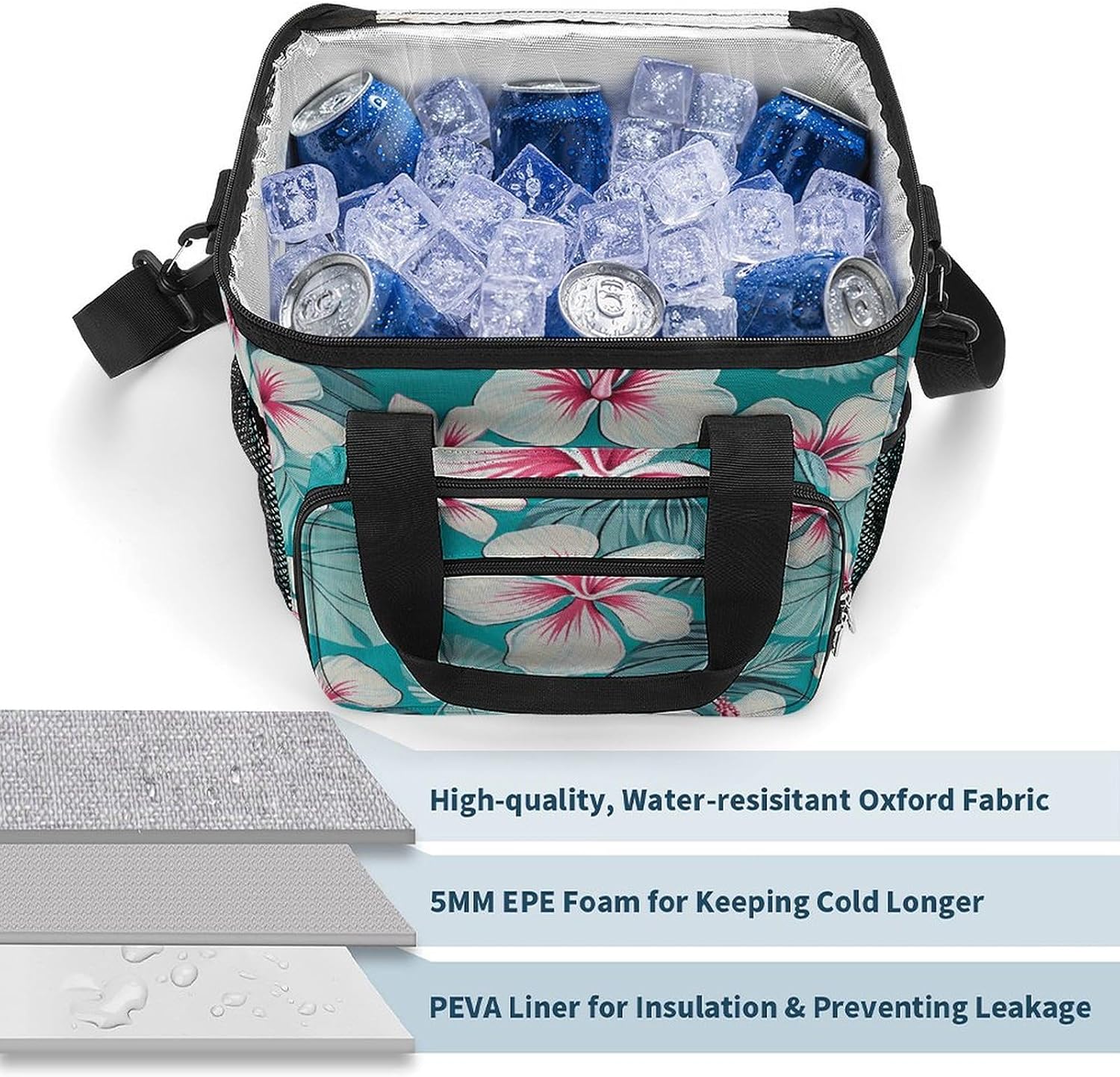 Camping Ice Pack, Tropical Hibiscus Flowers Print Cooler Bag, 22.5L Large Capacity Insulated Lunch Tote Bag for Outdoor, Picnic, BBQ, Travel, Work