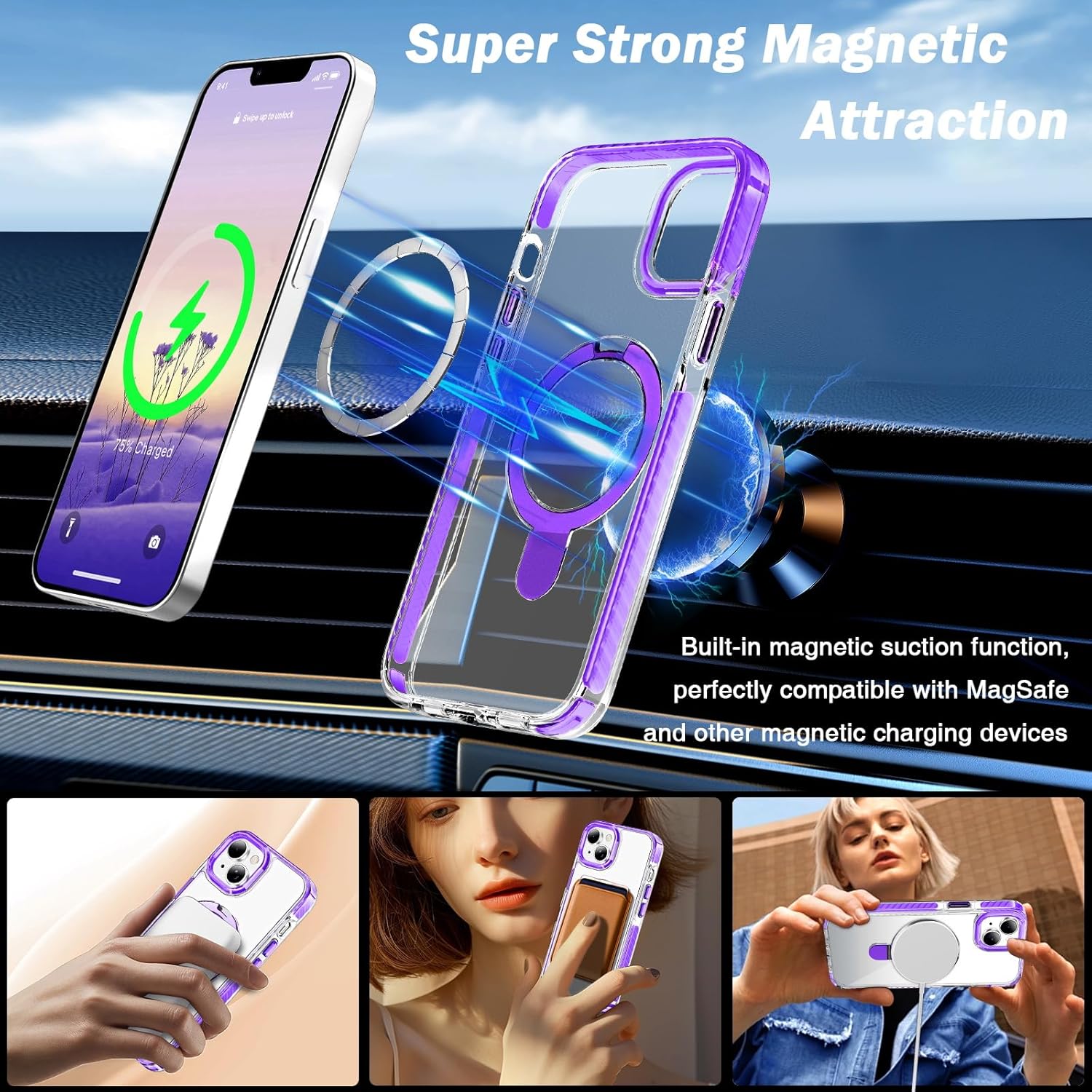 UMIONE for iPhone 13/14 Magnetic case with Stand and Finger Ring, Compatible with magsafe, Shockproof Transparent Hard Plate, Full Body case, Universal for Boys and Girls 6.1 - Purple - Image 4