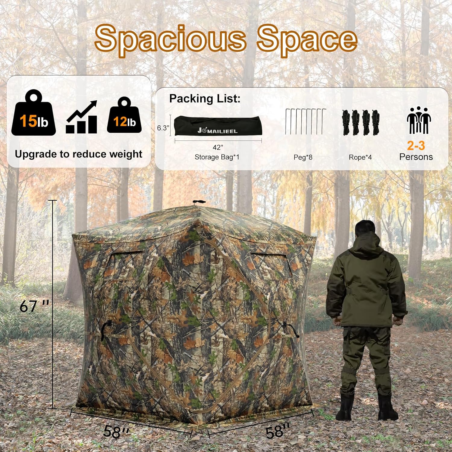 Hunting Blind - 2-3 Person & 3-4 Person 360/270 See Through Ground Blinds for Hunting Deer and Turkey, Pop Up Deer Blind with Single Door/Dual Doors, Portable Carry Bag and Quiet Fast