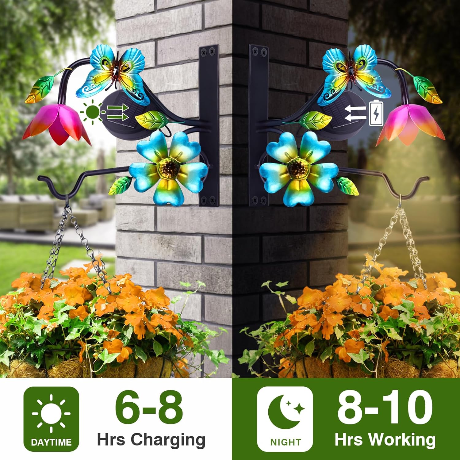 Lewondr Plant Hangers with Solar Light,9 Inch Metal Hanging Plant Bracket Outside,Butterfly Plant Wall Hook Solar Lights Outdoor for Wall,Flower Basket,Bird Feeder,Lantern,Wind Chime,2 Pack