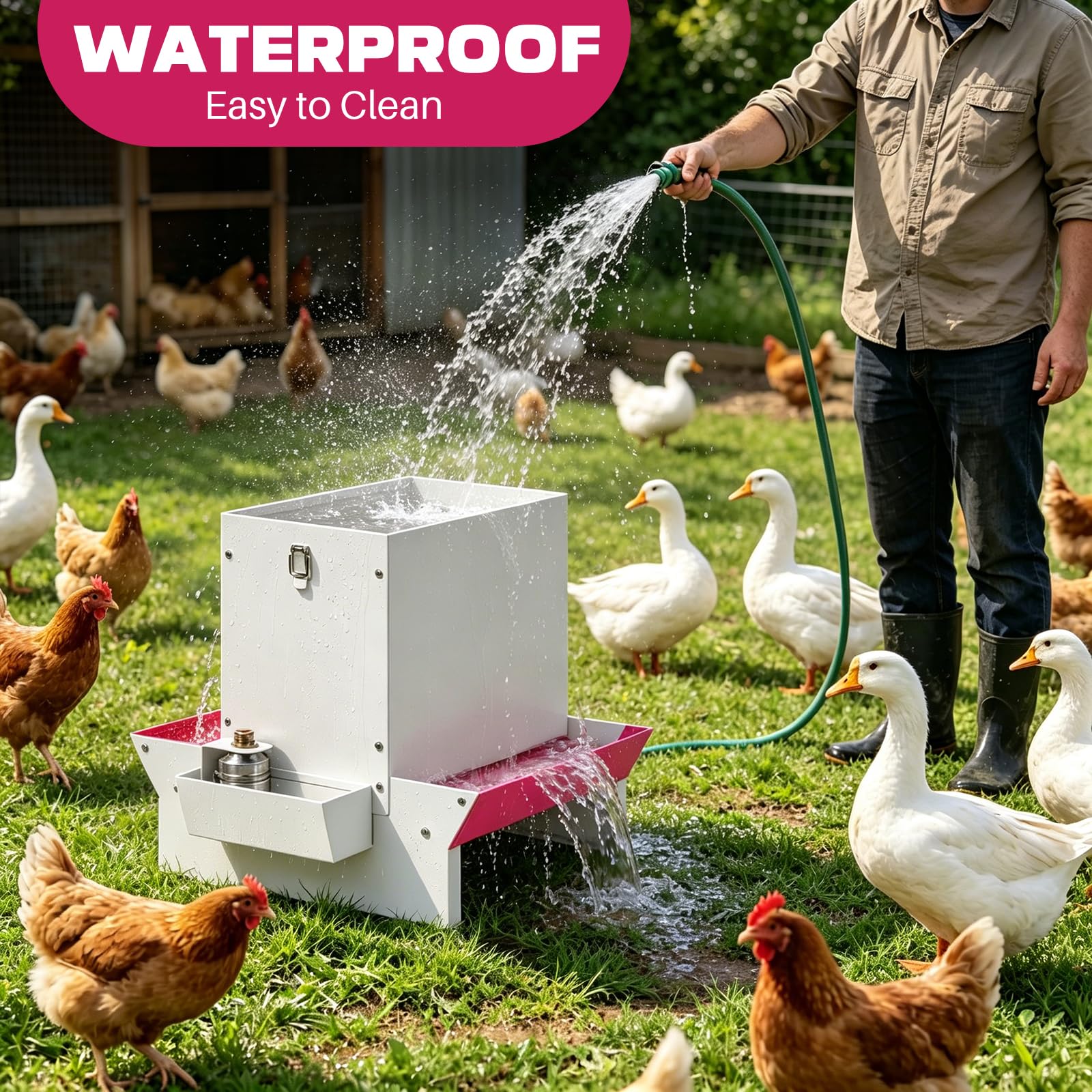 Alimentador automático 2 en 1 para aves de corral, comedero de metal por gravedad con bebedero, bandeja de alimentación de doble cara para pollos, patos, gansos, portátil con mango y candado