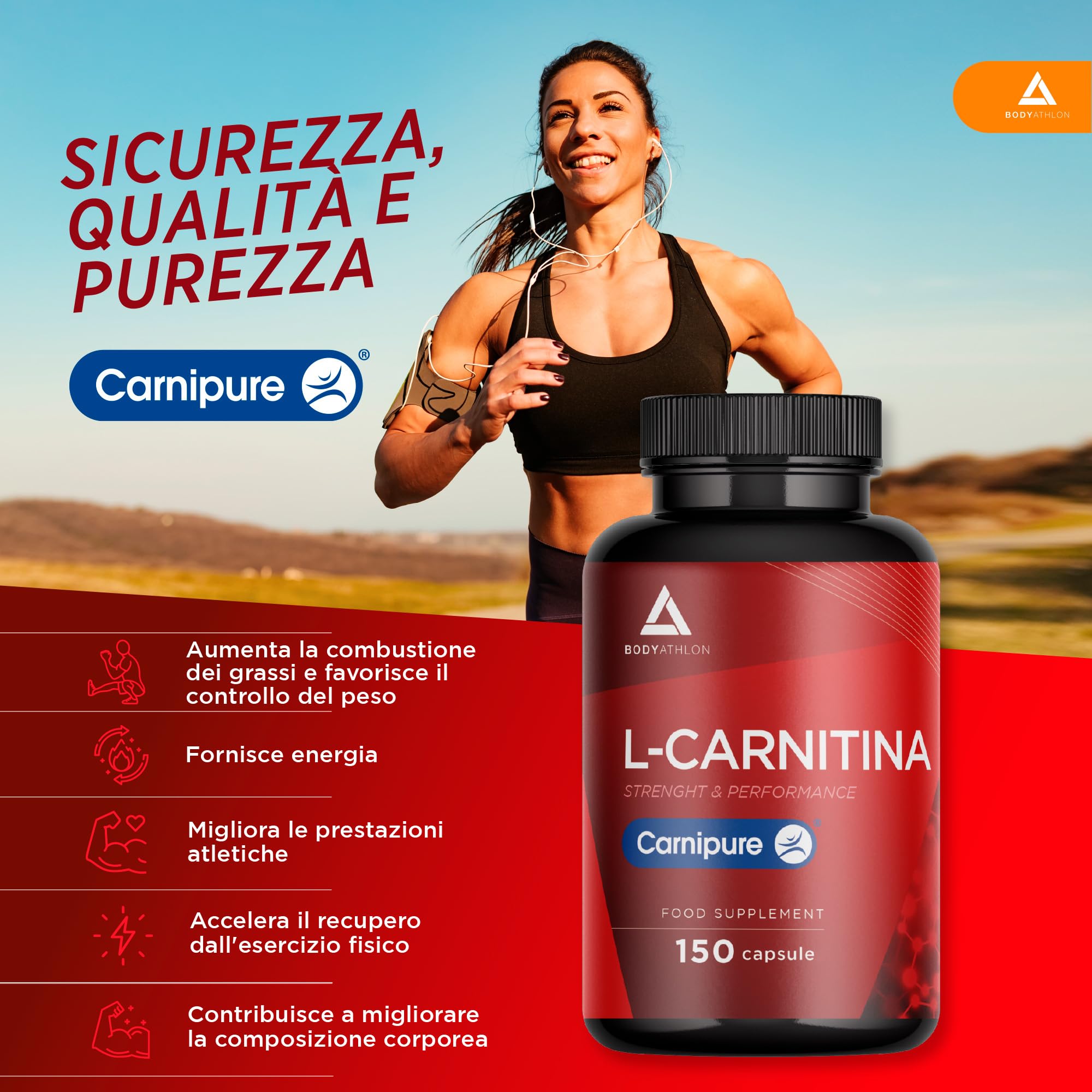 L Carnitina Carnipure 150 capsule 3 mesi- 100% L-Carnitina Tartrato Carnipure ®- Aumento di energia e resistenza, Migliora le prestazioni e il recupero– L-Carnitina Tartrato 1000mg- Vegano- Bodyathlon