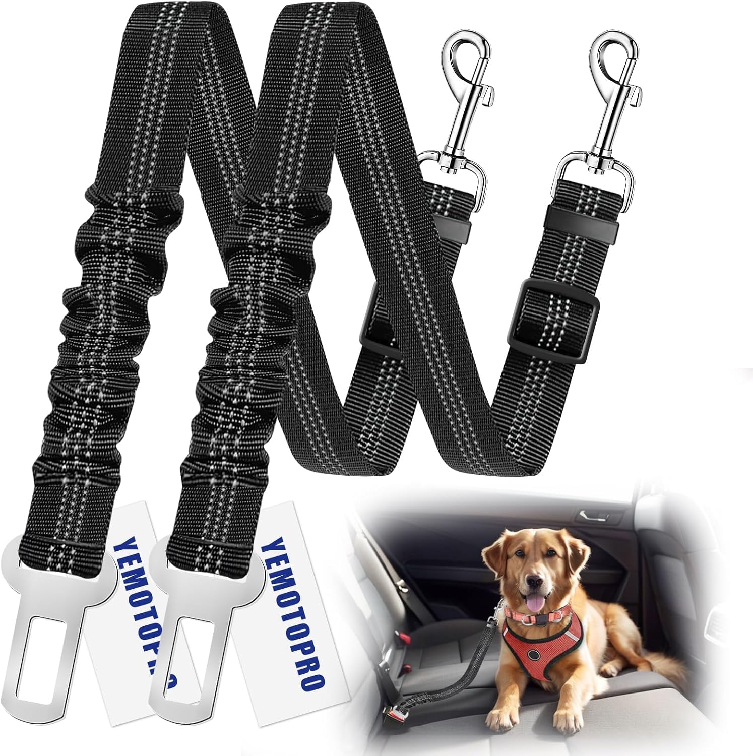 Dog Seat Belt Upgraded Dog Seat Belt for Car for Dog Harness with Elastic Band 360° Adjustable Dogs Seat Belts for Car Leash Tether Universal Black 2 Pack