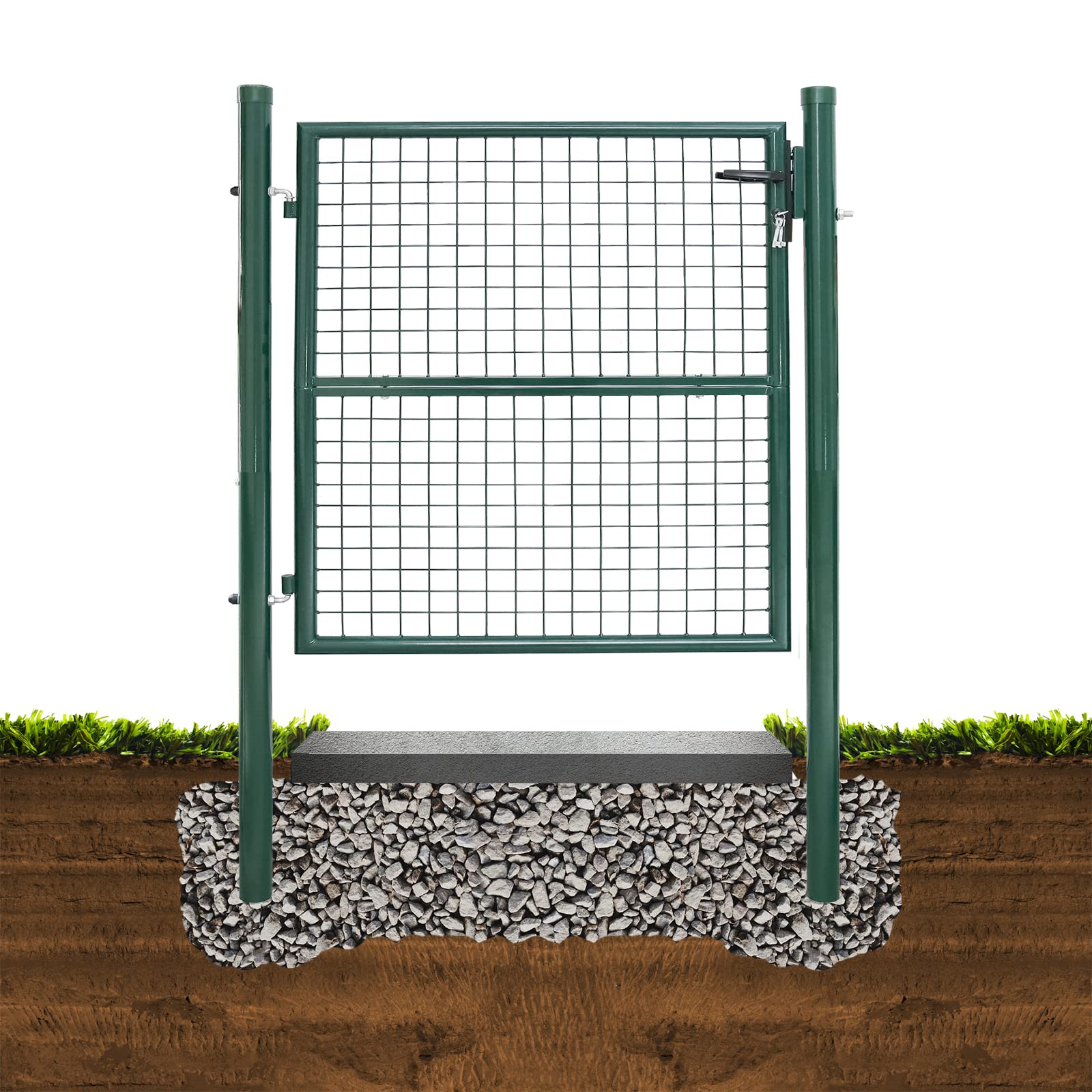 Randaco 125 x 100 cm brama ogrodowa, drzwi z ocynkowanej stali wraz z uchwytem, zamkiem i 3 kluczami, wytrzymała i trwała metalowa furtka z płotem ogrodowy, zielona