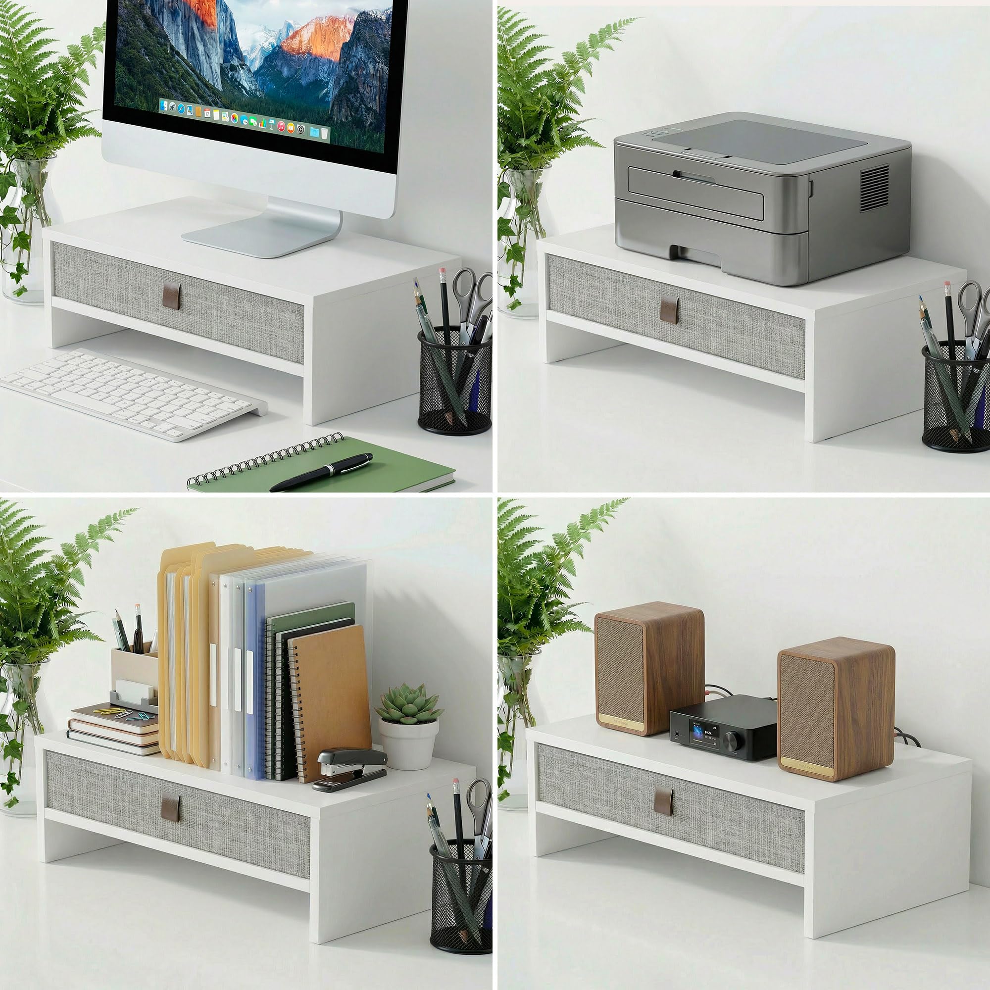 Fenge Supporto per Monitor con Cassetto, 42.5cm Rialzo Monitor da Scrivania, Organizzatore desktop per PC / Laptop / Stampante, 42,5 × 23,5 × 14,2 cm, Capacità di Carico 20KG (Bianco)