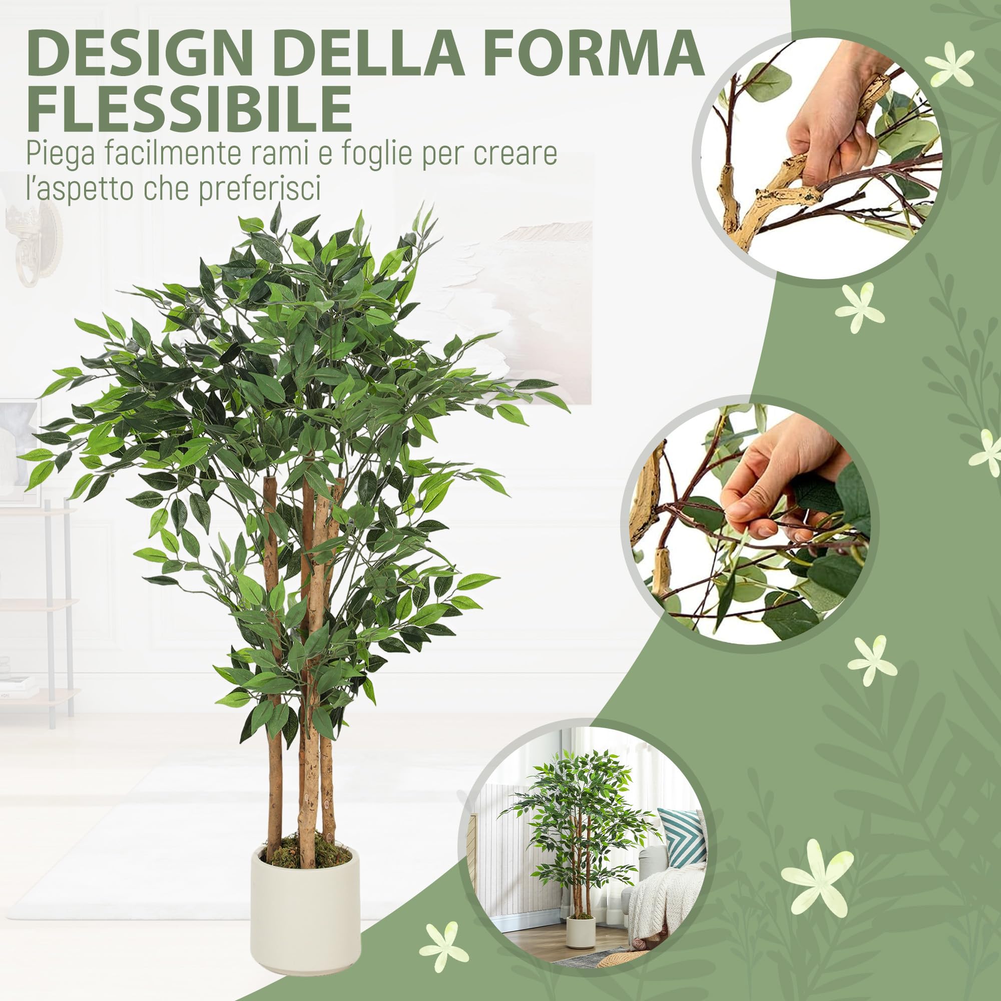 HOMCOM Pianta Artificiale di Baniano con Rami Orientabili e Vaso Contenitore Bianco in PP e Cemento, Pianta Verde in PEVA e Legno, per Interno, Ufficio, Soggiorno, Camera da Letto, 55x55x120 cm